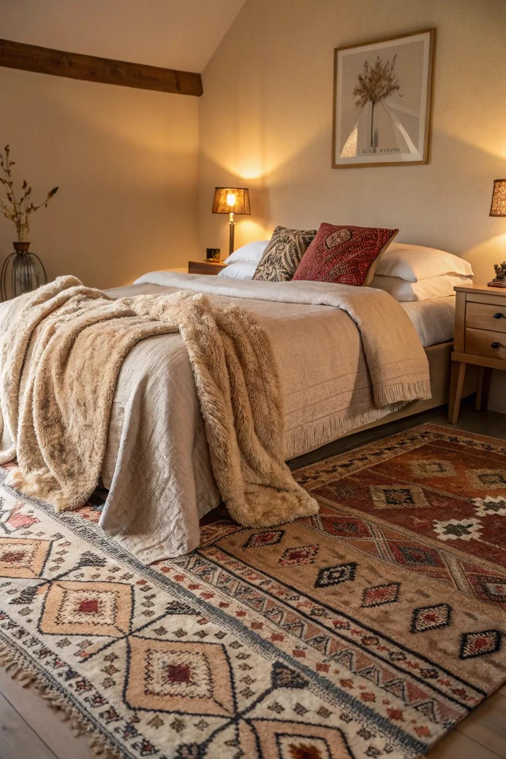 Varied fabrics bring warmth and style to this bedroom.