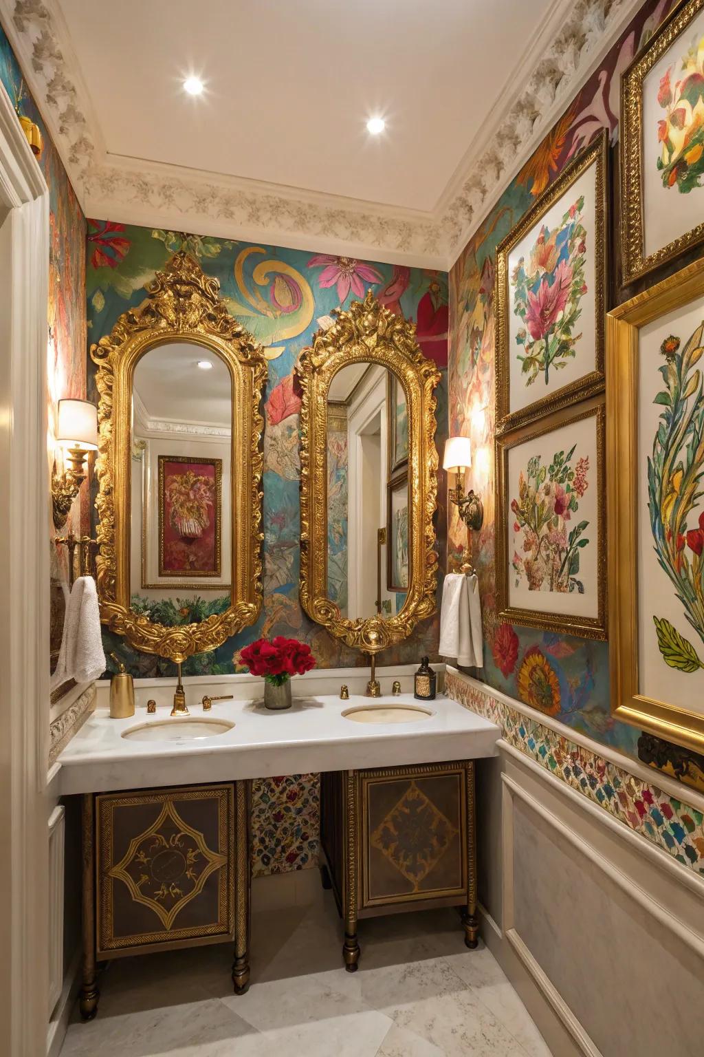 Ornate looking glasses and colorful artwork add sophistication to this guest bathroom.