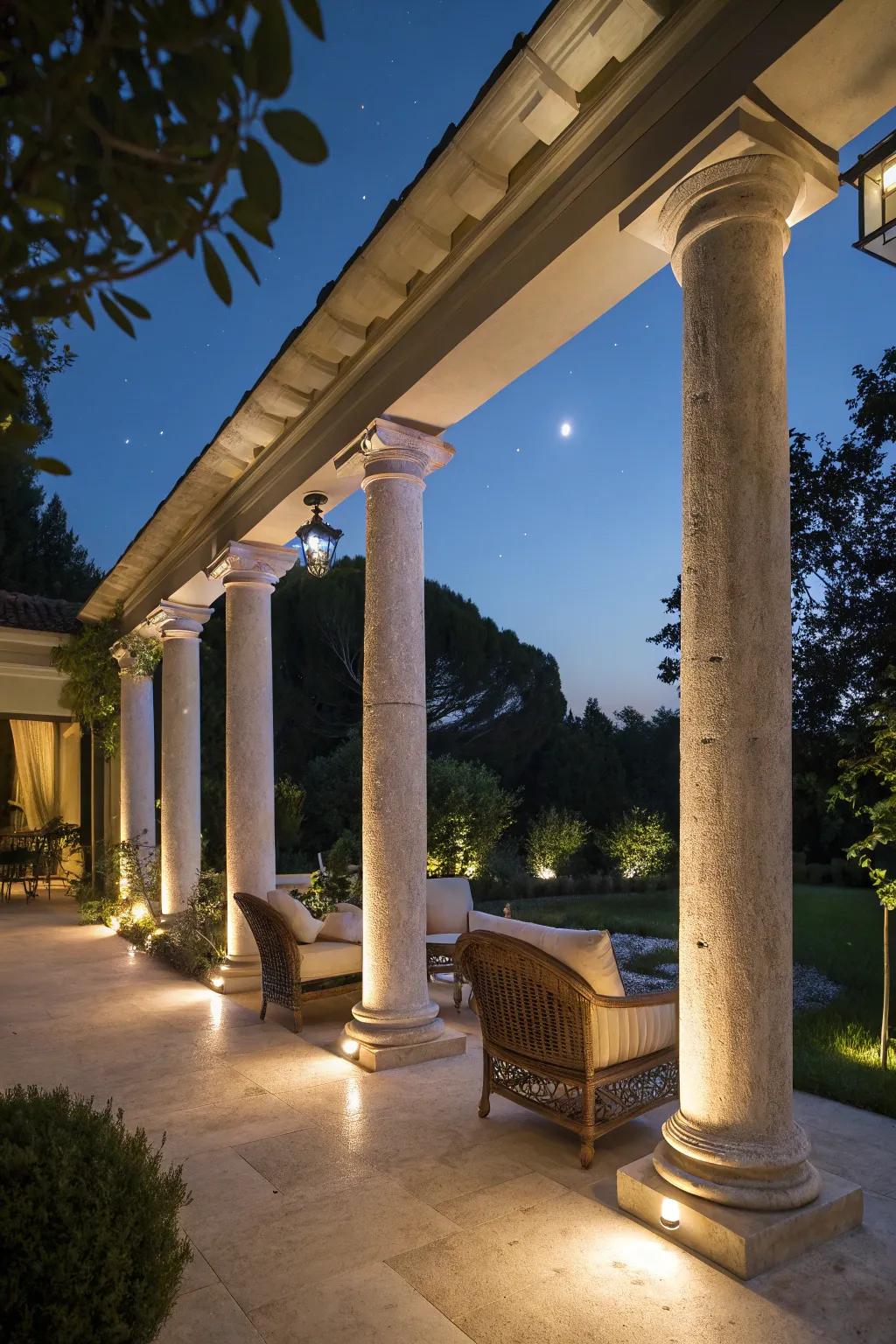 Radiant columns emit a cozy glow on an elegant outdoor patio.