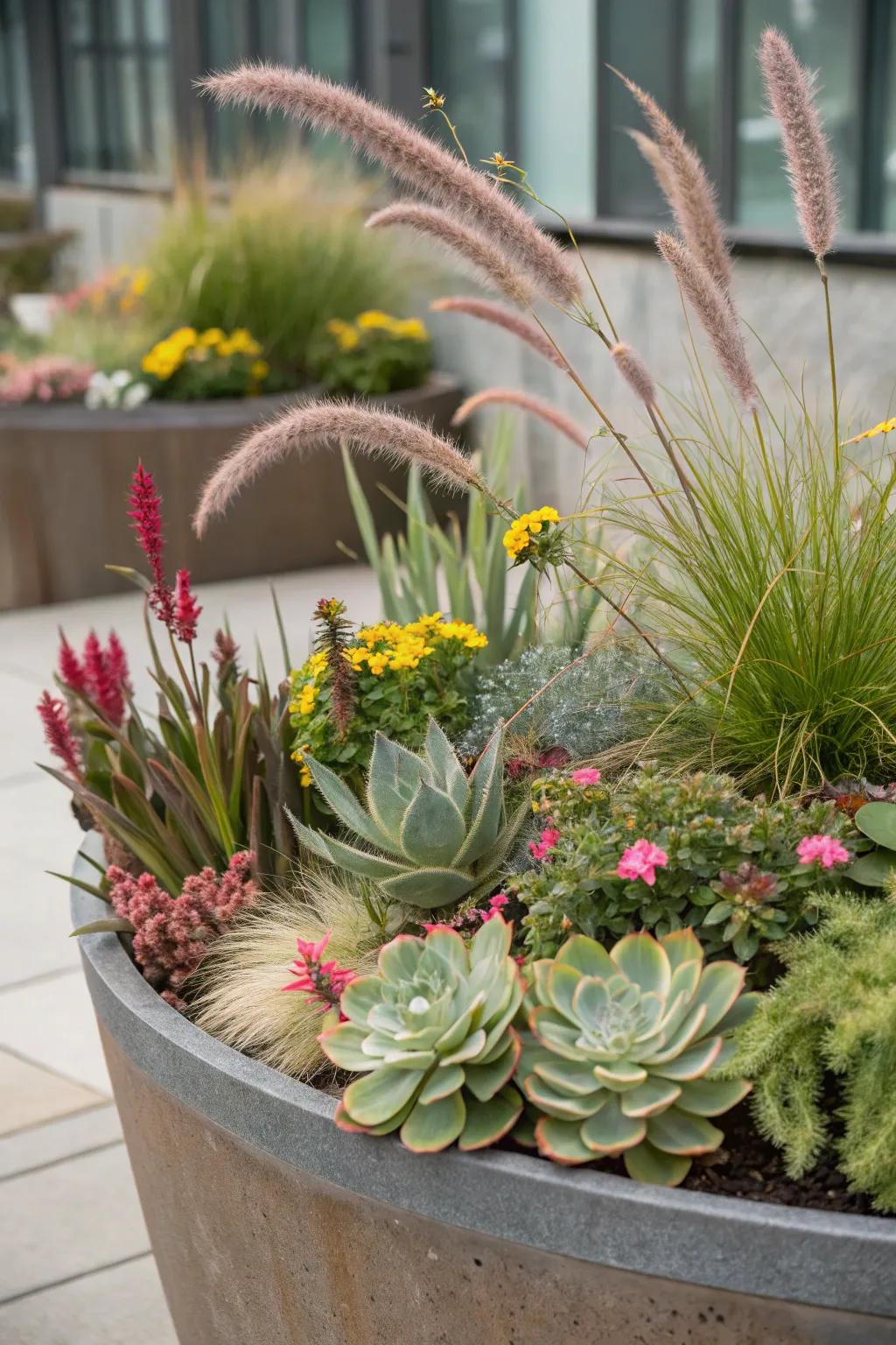 Textural contrast with a mix of different plant types.