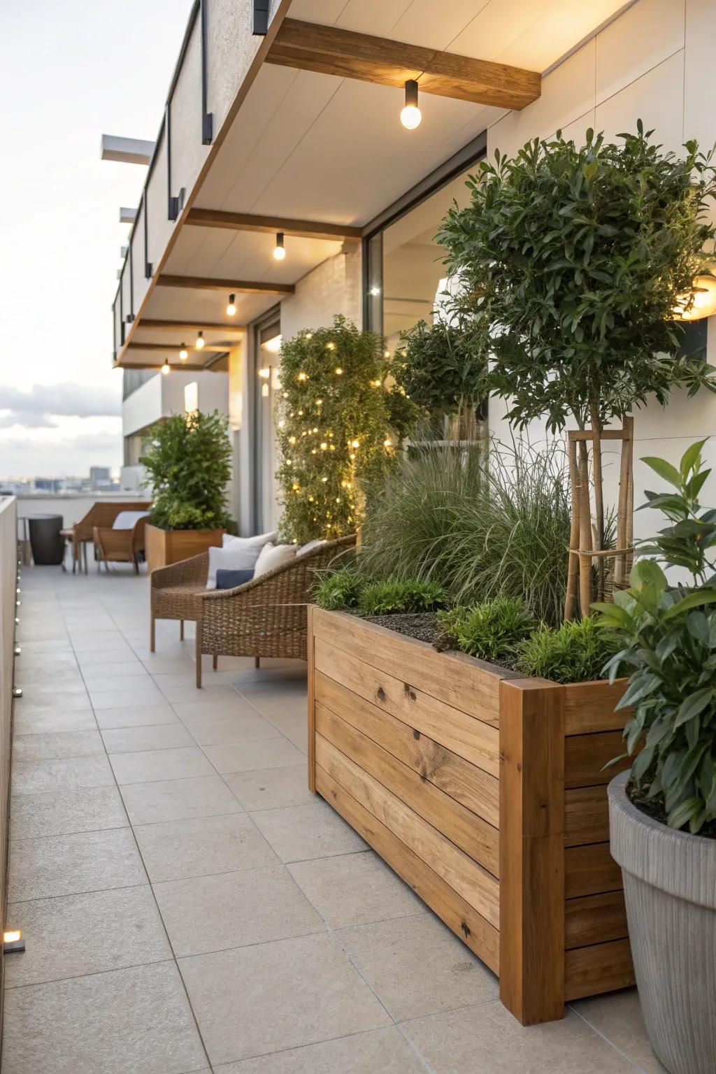 Natural elements such as greenery and wood help create a balanced patio environment.