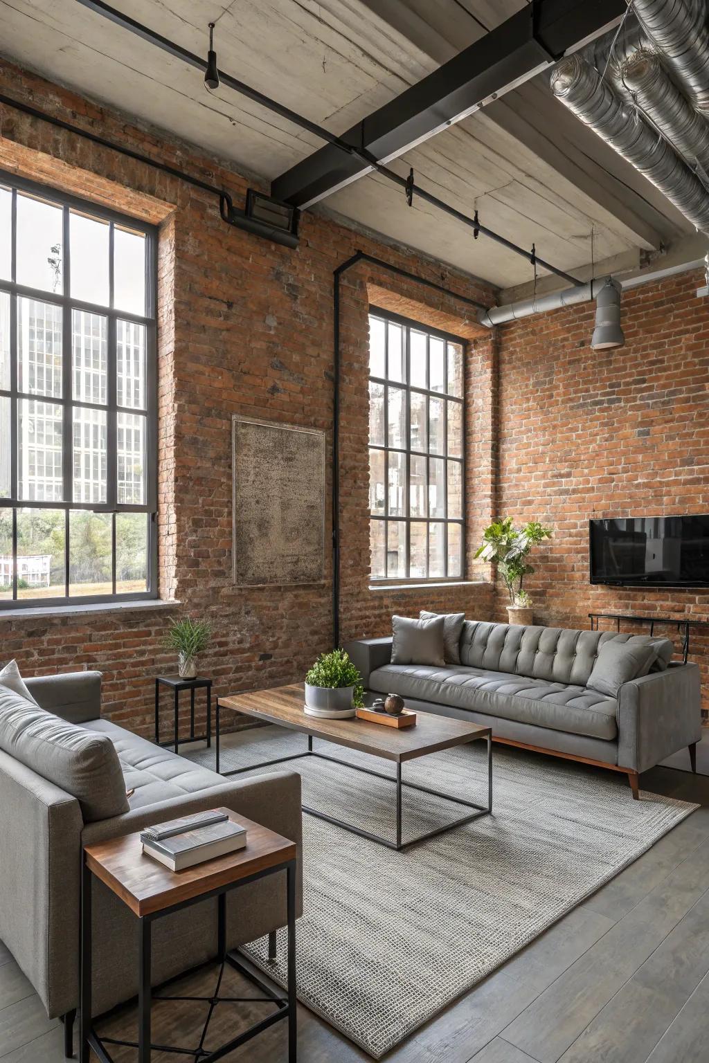 An industrial-chic accent wall featuring exposed brick