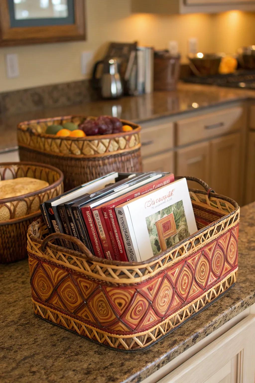 Baskets on the countertop furnish both practicality and flair.