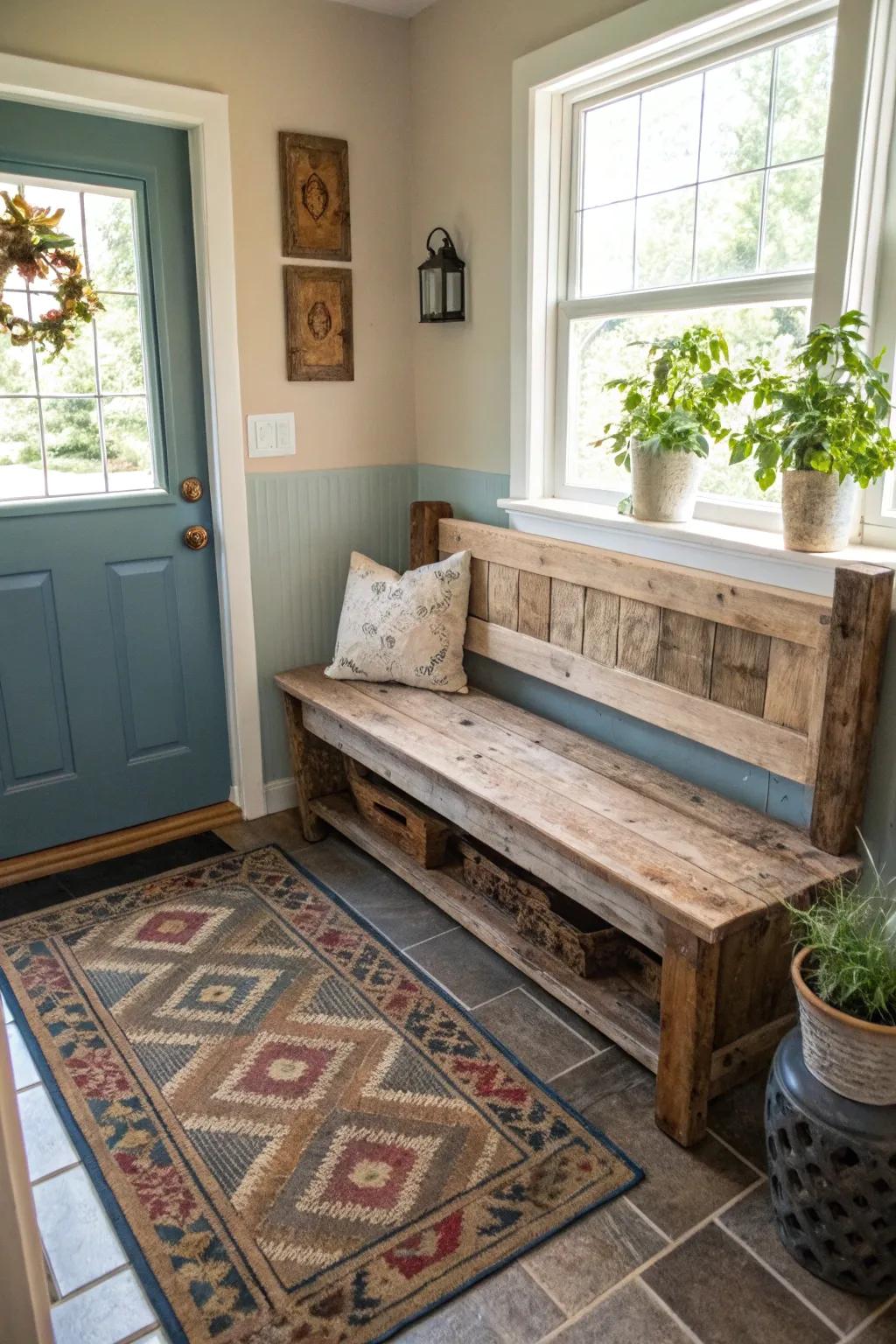 Vintage charm highlighted by a rustic, repurposed bench.