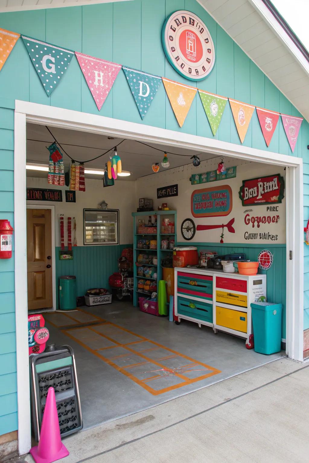 A garage featuring personalized decor and themed signage.