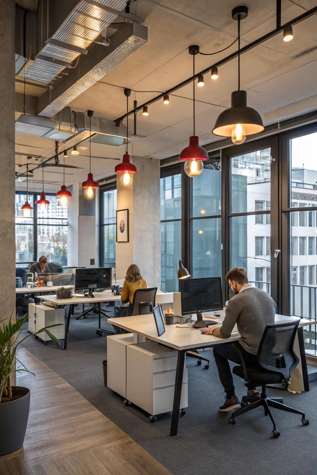 Office space with unique lighting fixtures enhancing the mood.