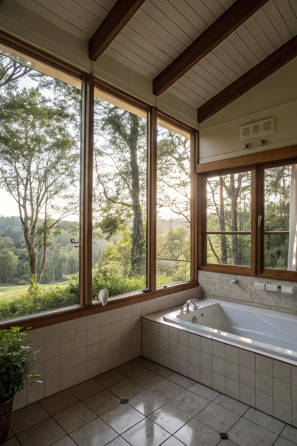 Large windows in a bathroom corner flood the space with light.