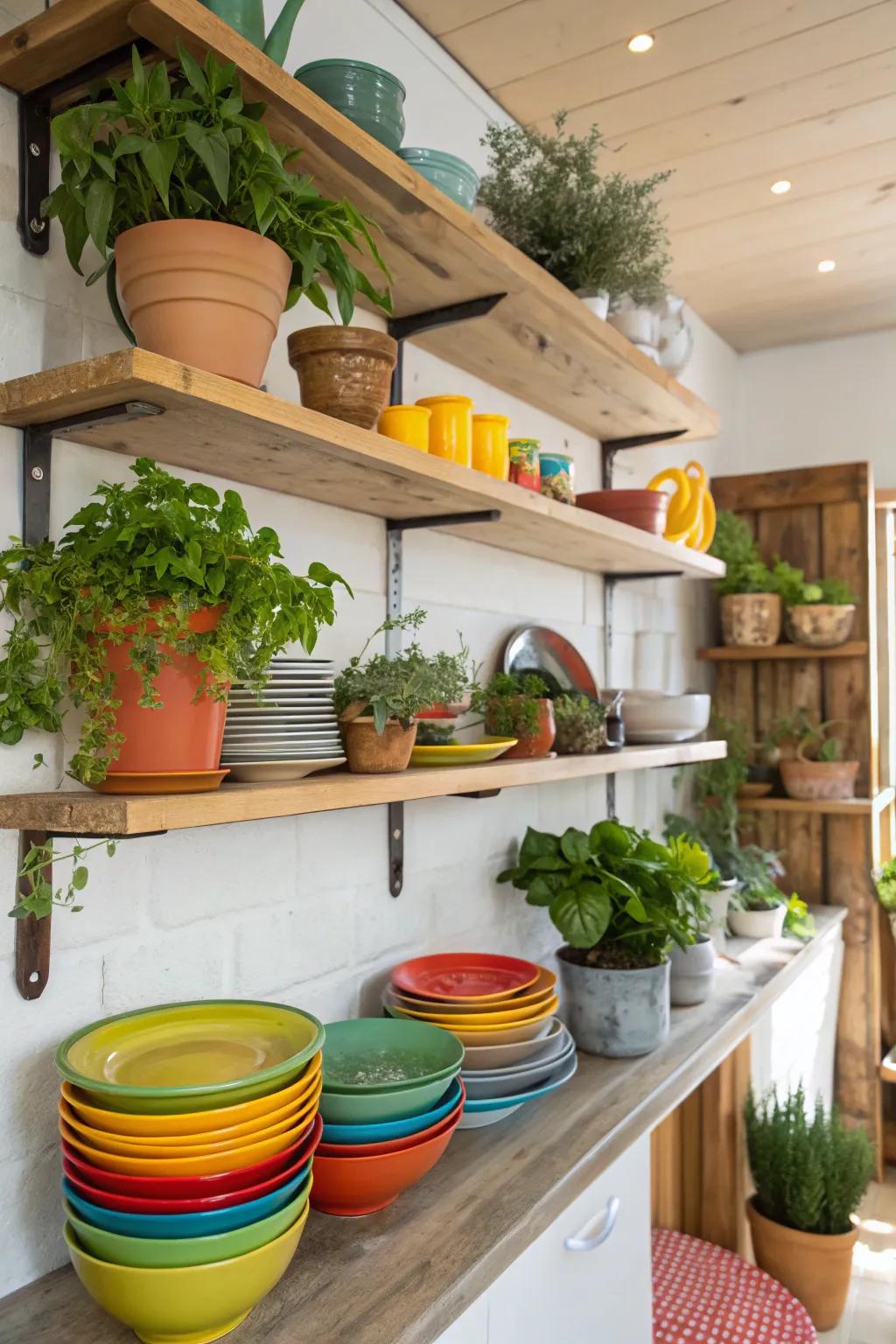 Open shelves contribute a light and spacious sensation to corner spaces.