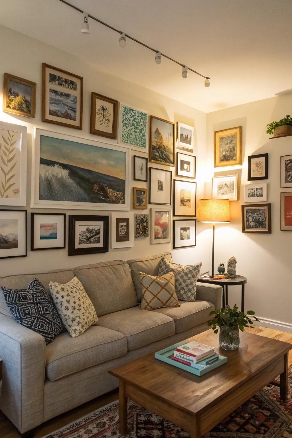 A small art display turns a simple corner into a lively showcase of art.