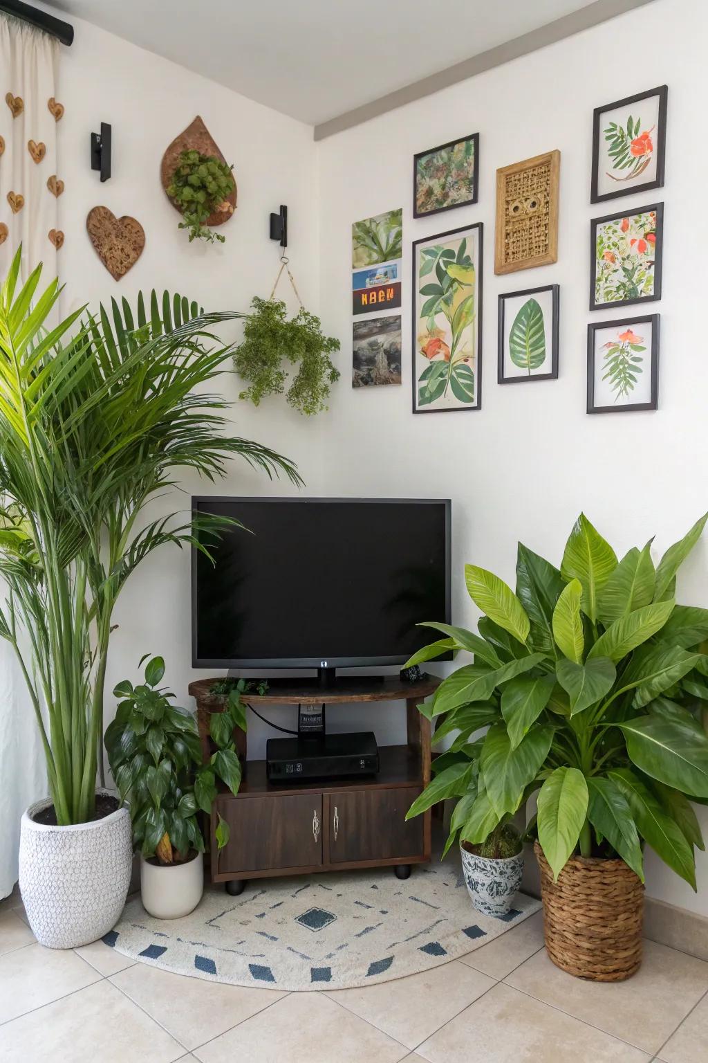Decorative accents inject warmth and panache into a corner TV area.
