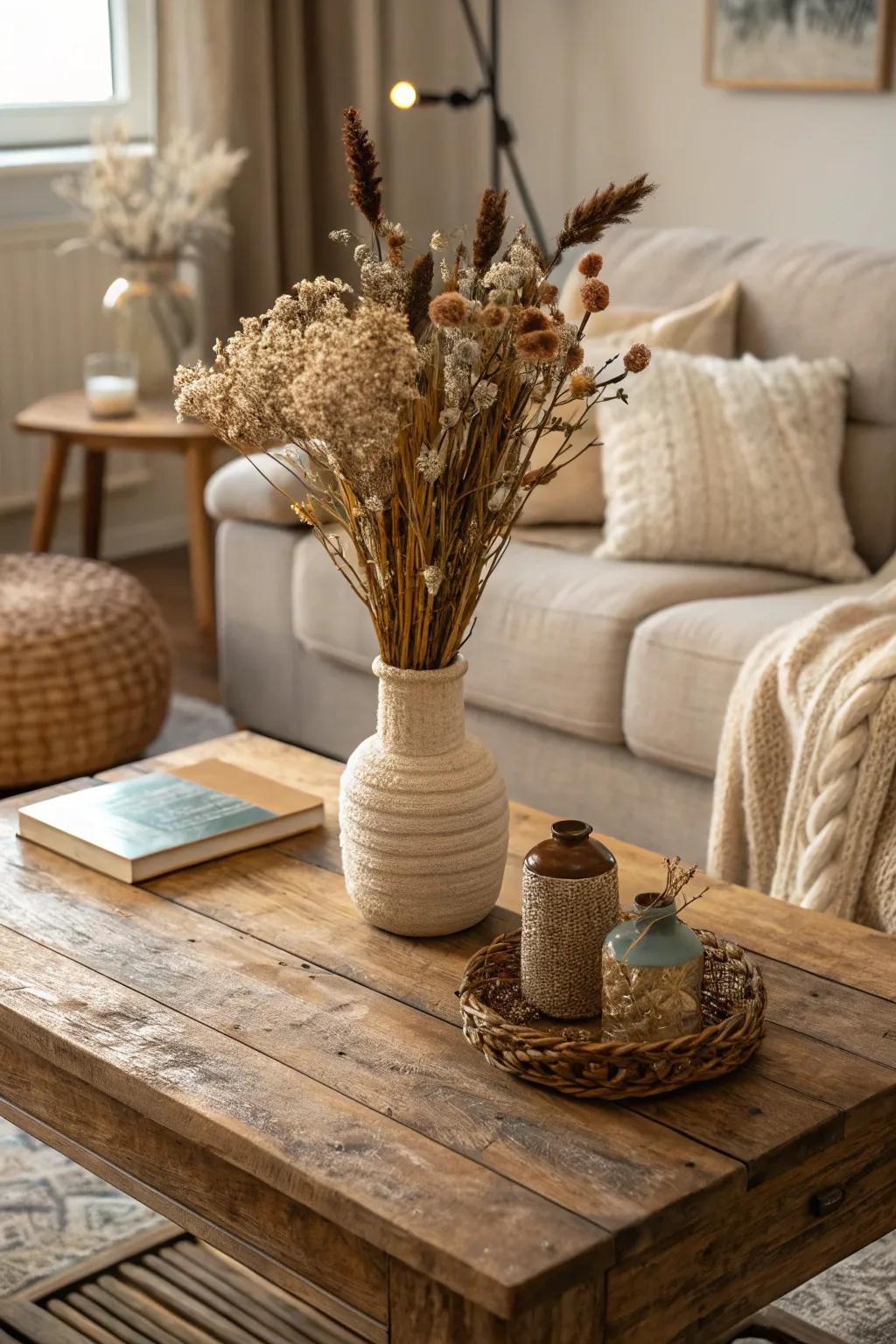 A living space exquisitely adorned with delicate preserved blooms.