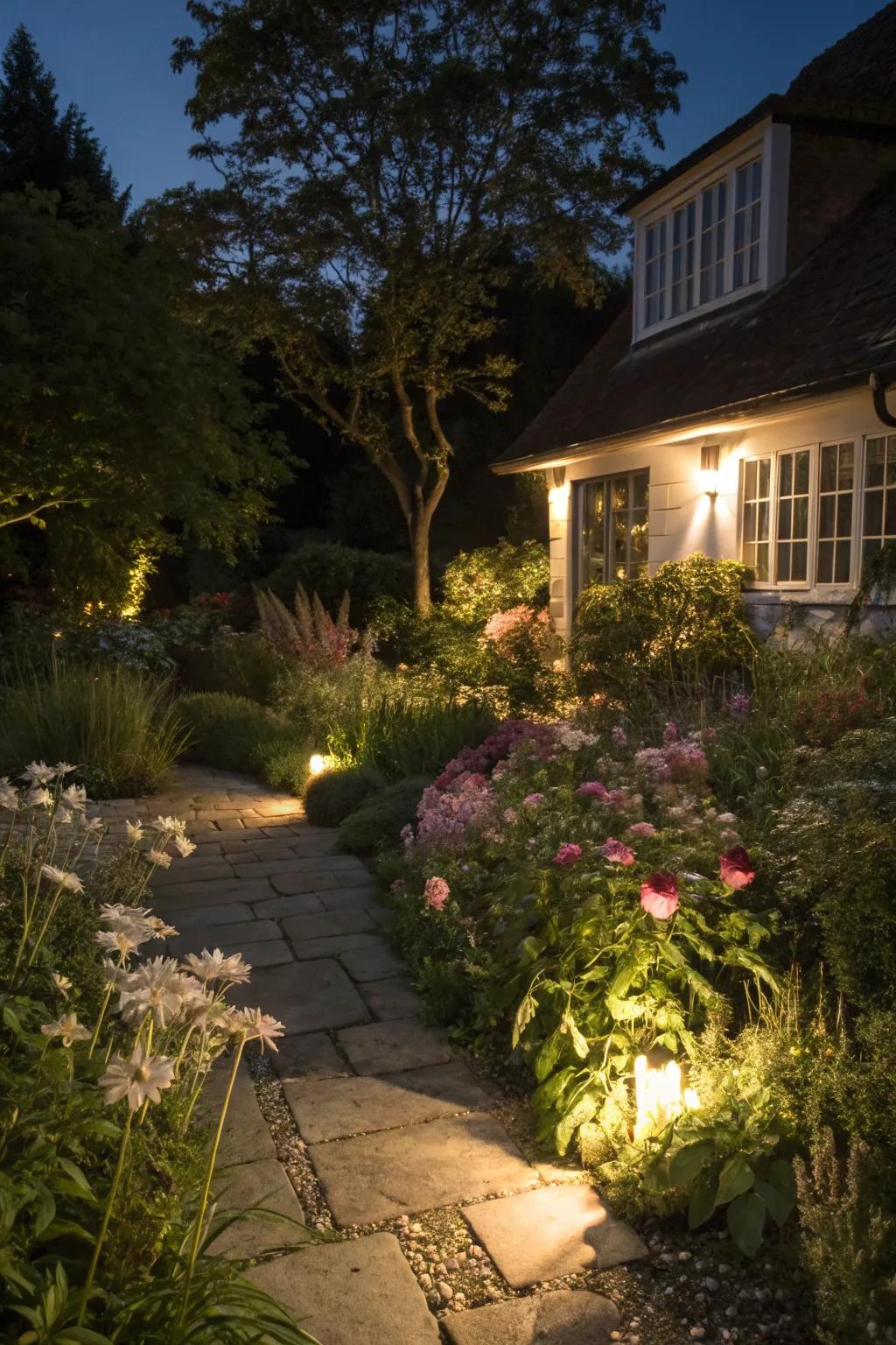 A cottage garden glowing with well-placed lighting.