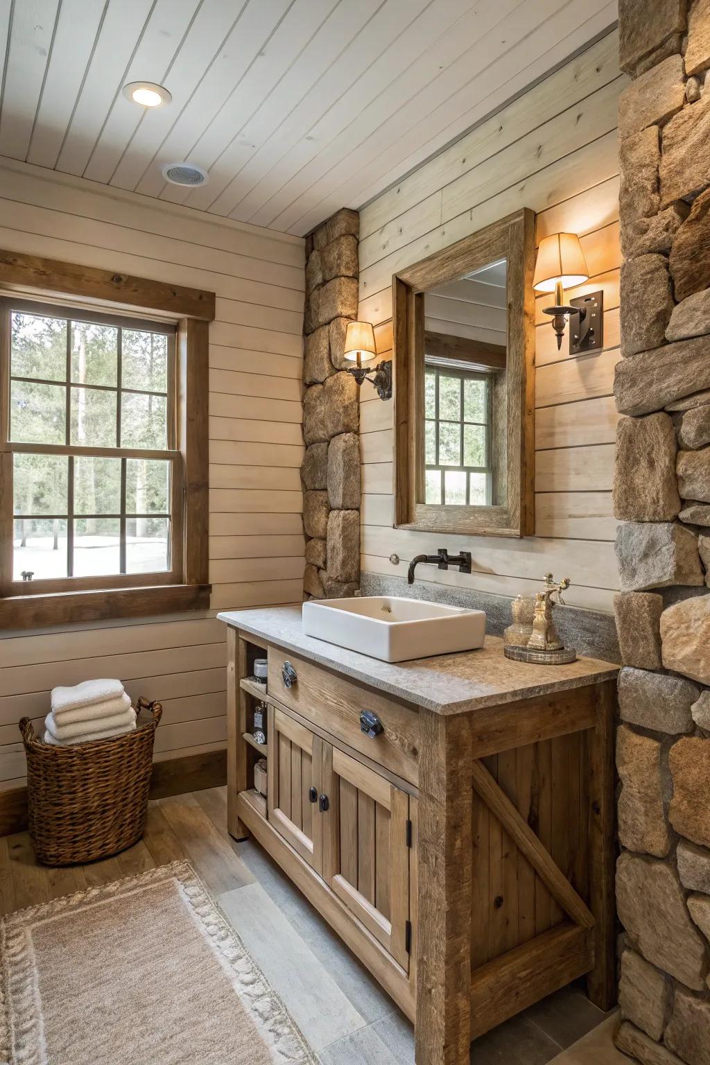 This rustic bathroom is full of charm and character because to the textured materials.