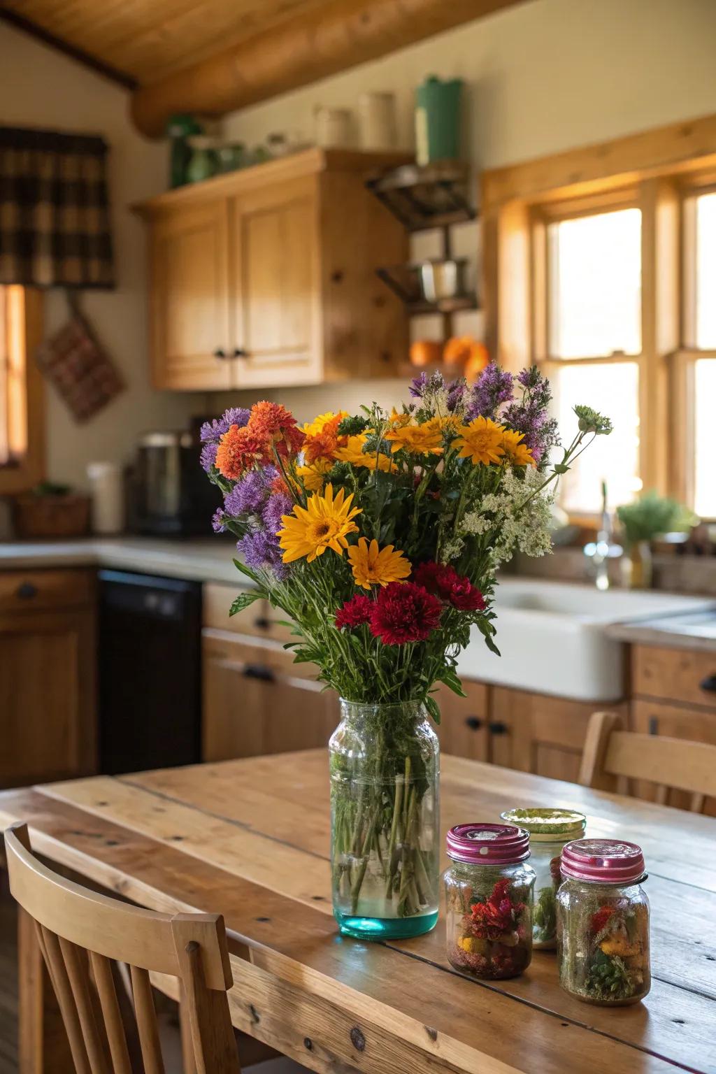 Meadow flowers introduce the dynamic essence of the countryside indoors.