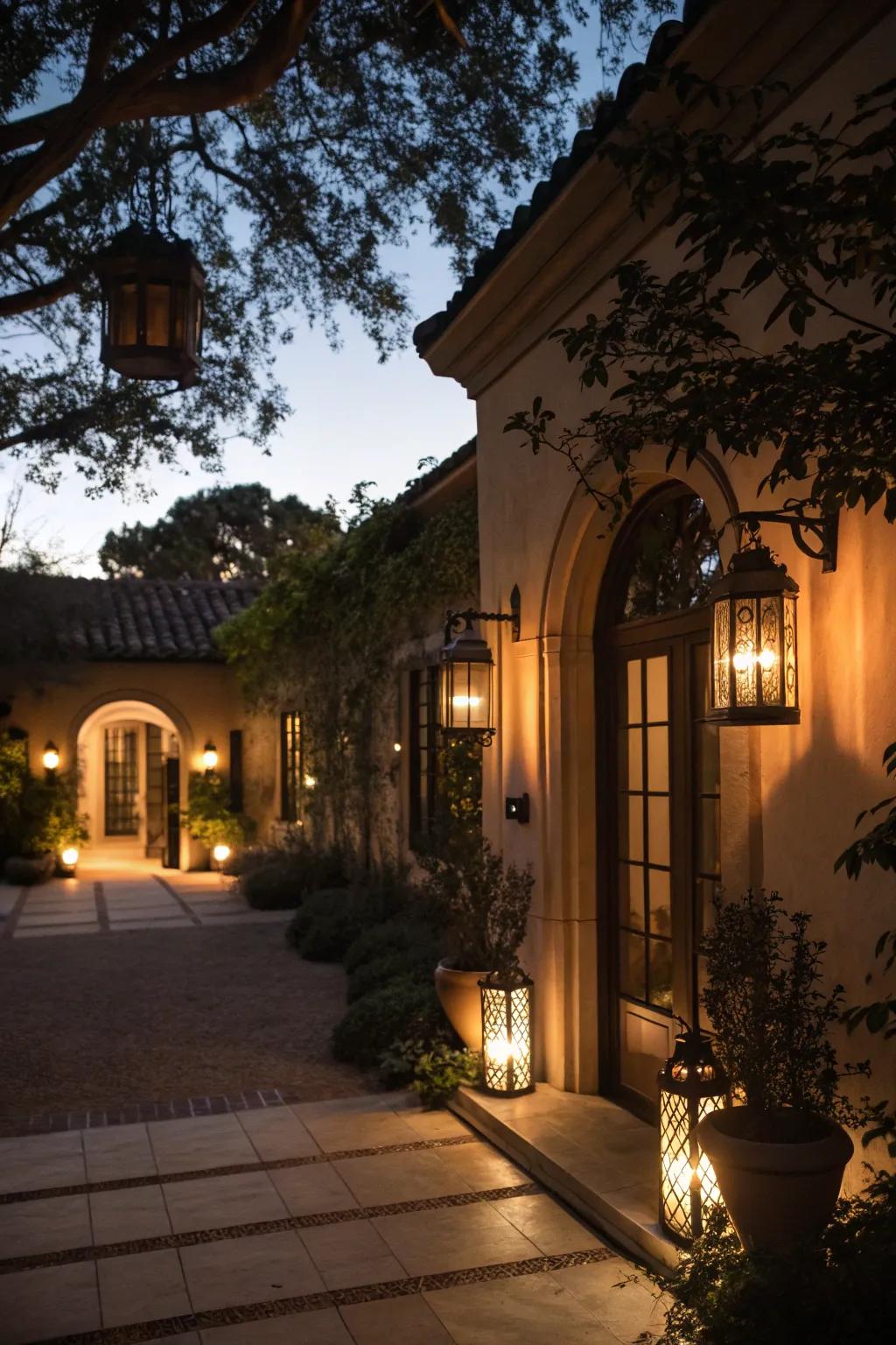 Nighttime charm with warm, inviting illumination.