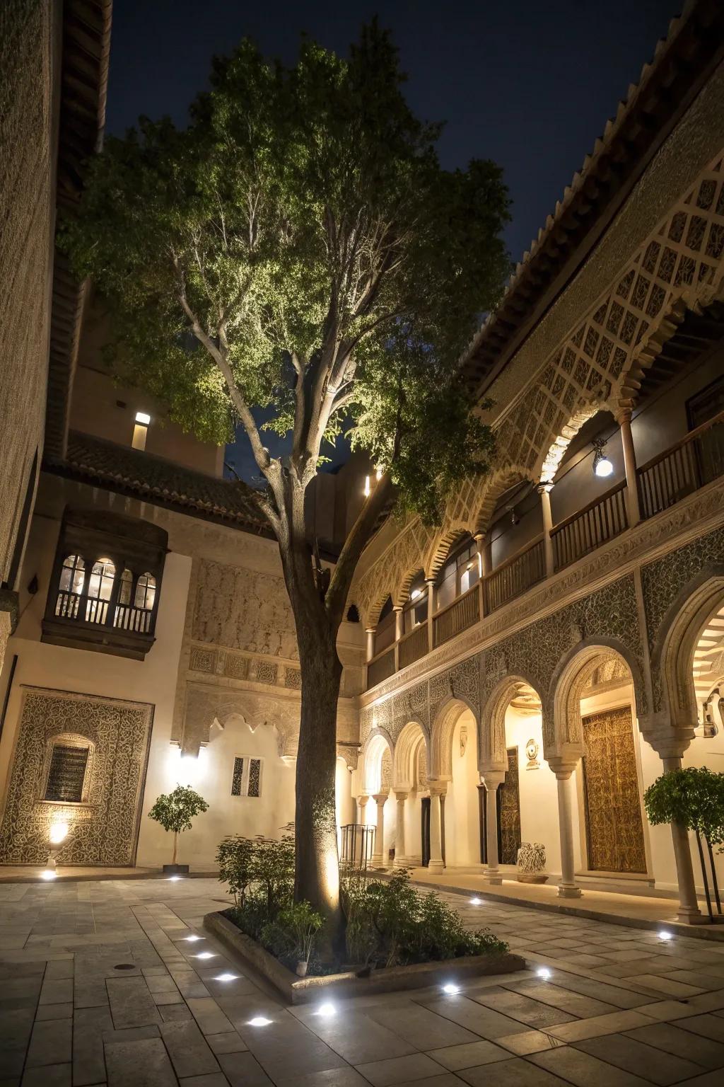 Beams emphasize the tree and architectural specifics in the courtyard.