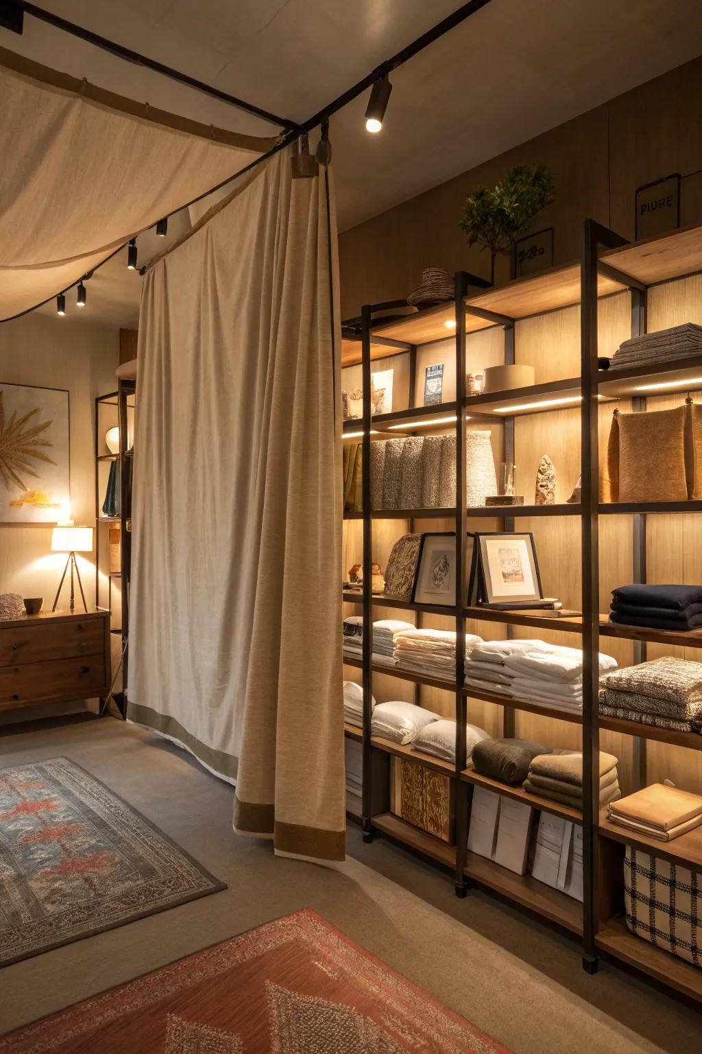 Fabric panels imparting warmth and texture to open shelves.