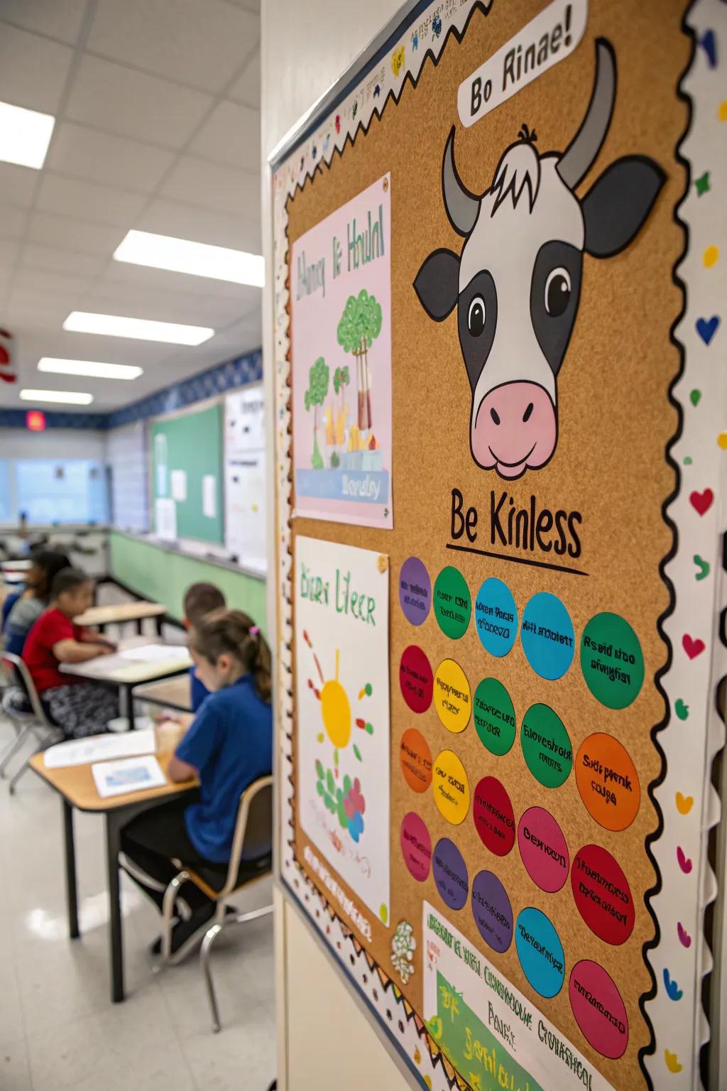 A 'Cows of Compassion' board encouraging positive behavior