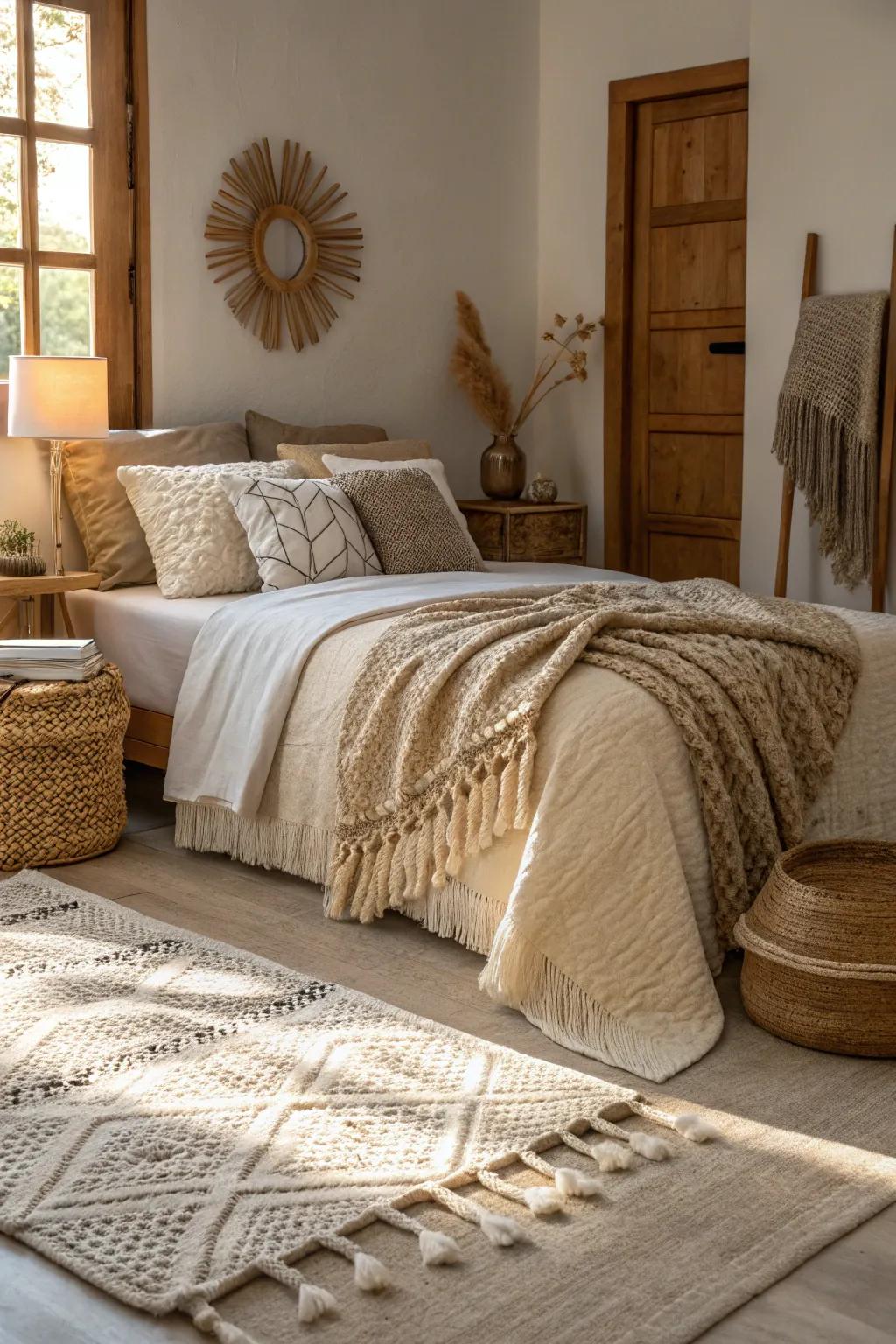 A cozy bedroom showcasing overlapping soft tones and welcoming fabrics.