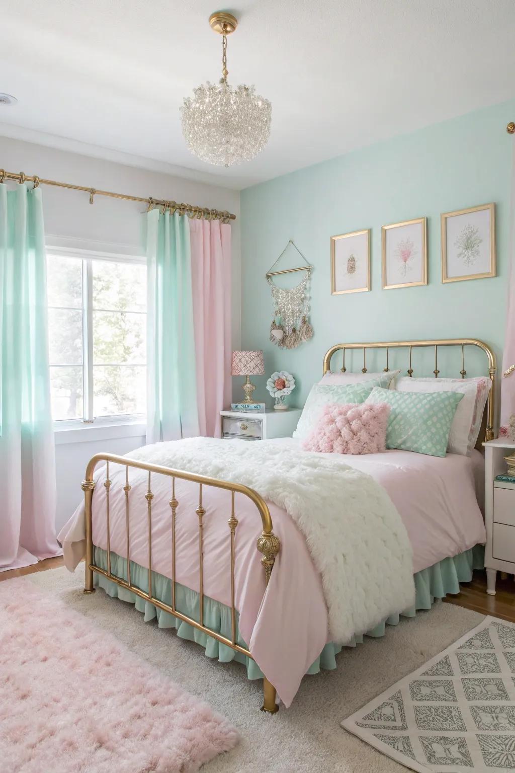 Delicate pastel shades and metallic accents fashion a tranquil and glamorous resting place.