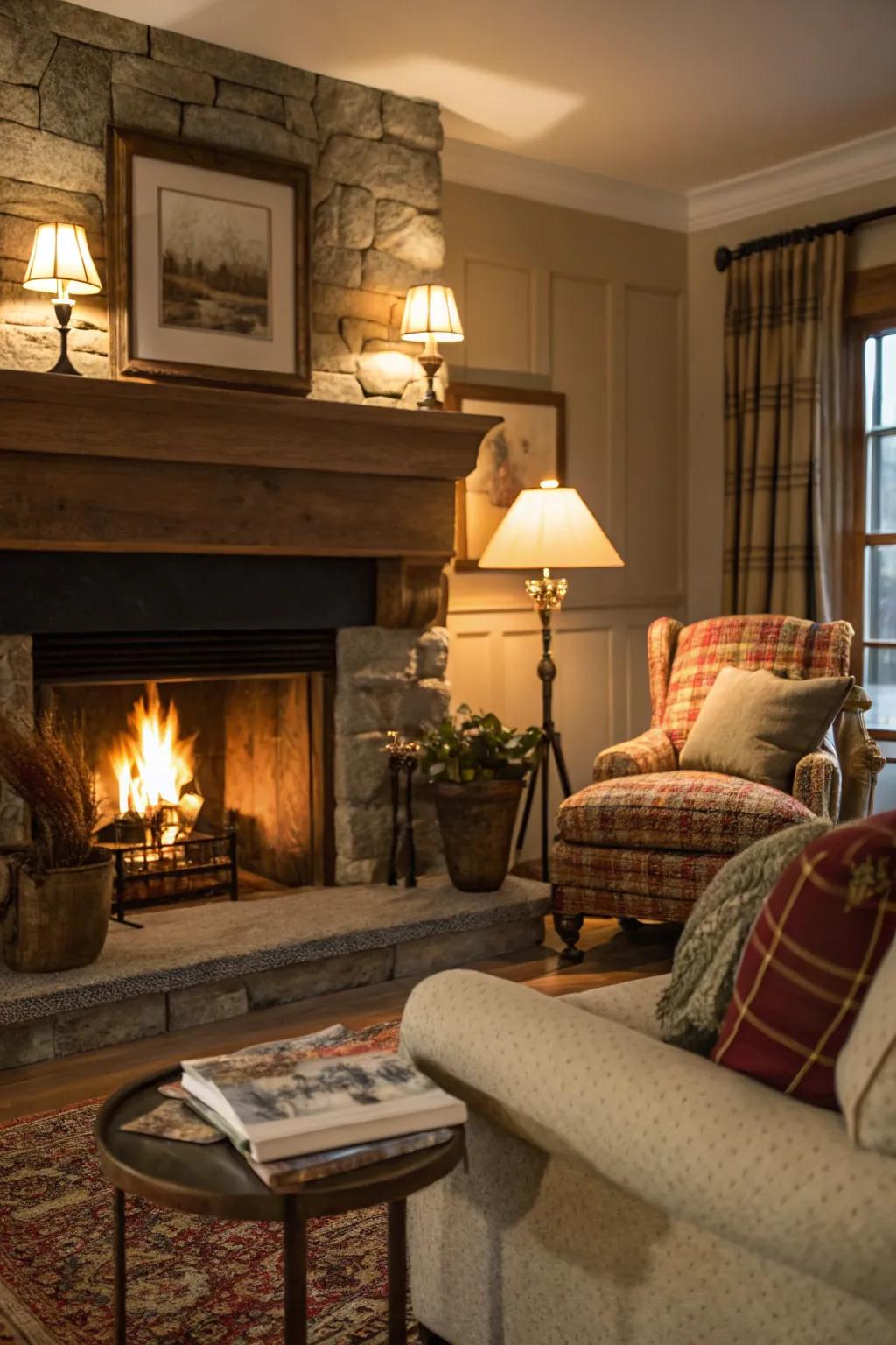 A hearth offers inherent light for a welcoming ambiance.