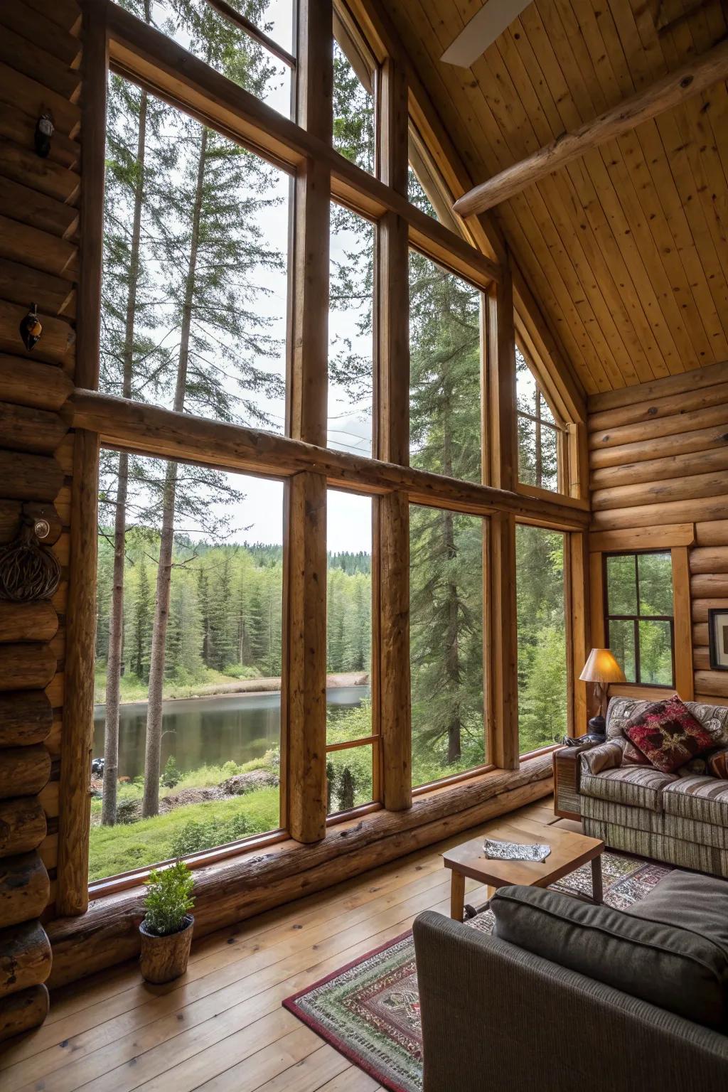 Expansive windows in a log cabin capture the beauty of the natural surroundings.