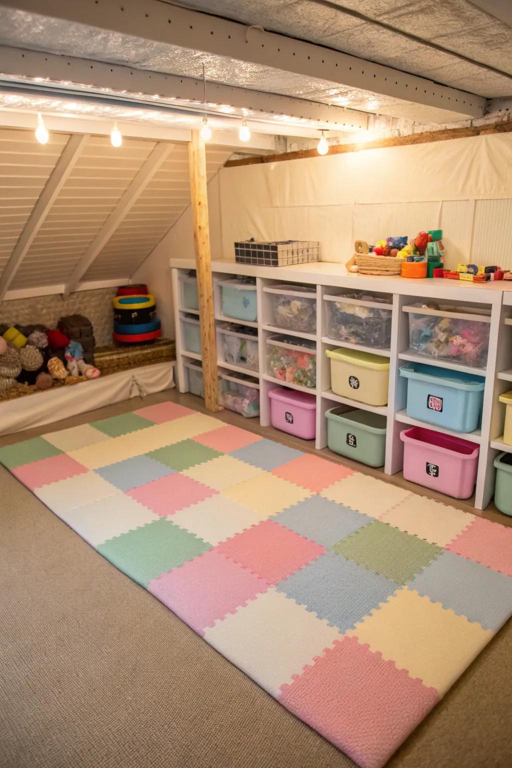 Turn part of your crawl space into a playful corner for kids.