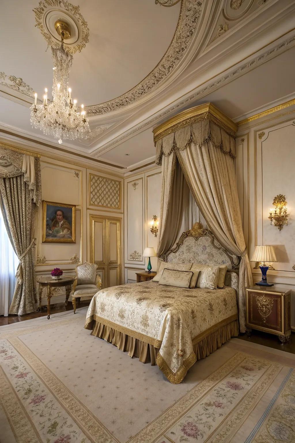 An opulent bedroom featuring luxurious decor and sumptuous fabrics.