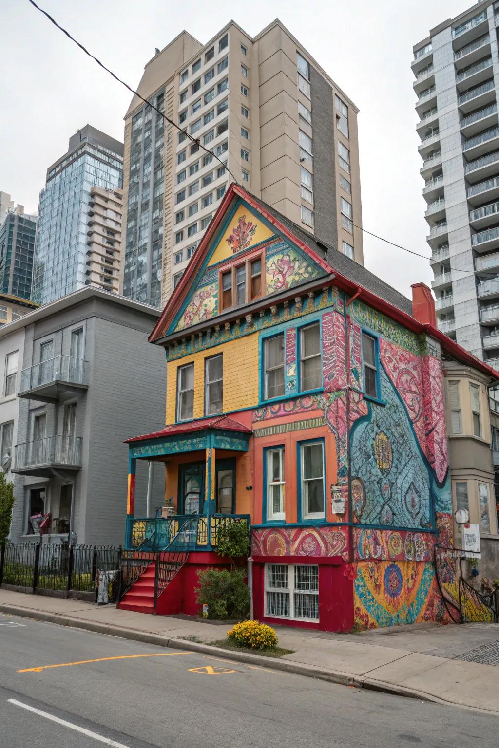 A house that celebrates vibrant shades and patterns, standing out in an urban vista.