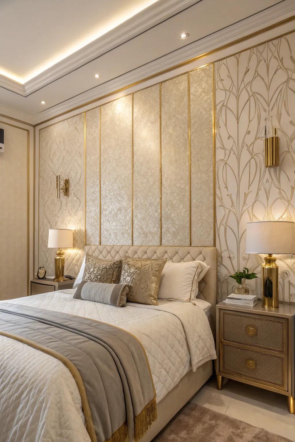 Textured walls enriched with a metallic gloss enhance the room's depth and sophistication.