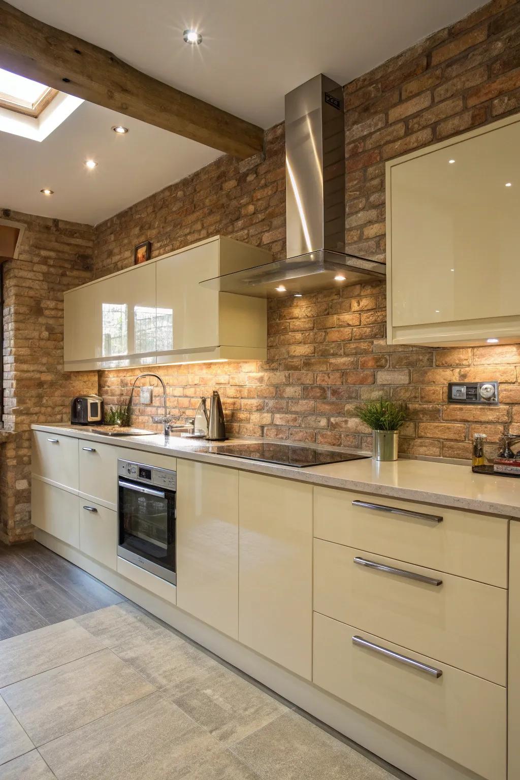 A mix of shiny and flat textures for a balanced and lively kitchen design.