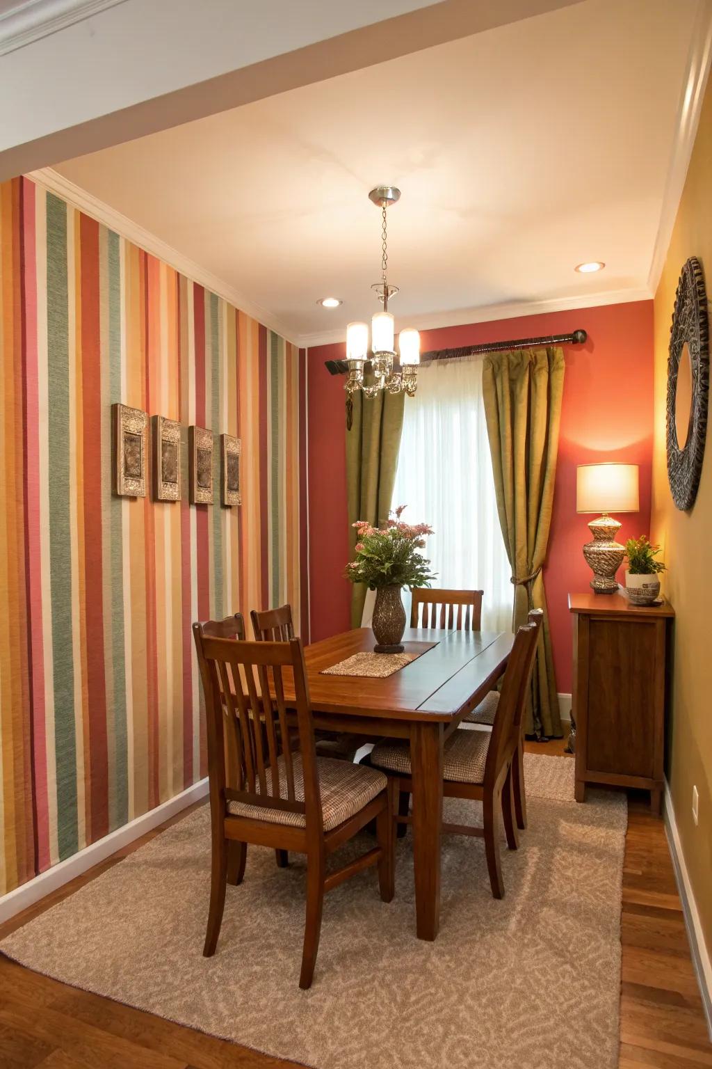 A striped statement wall becomes the room's focal point.