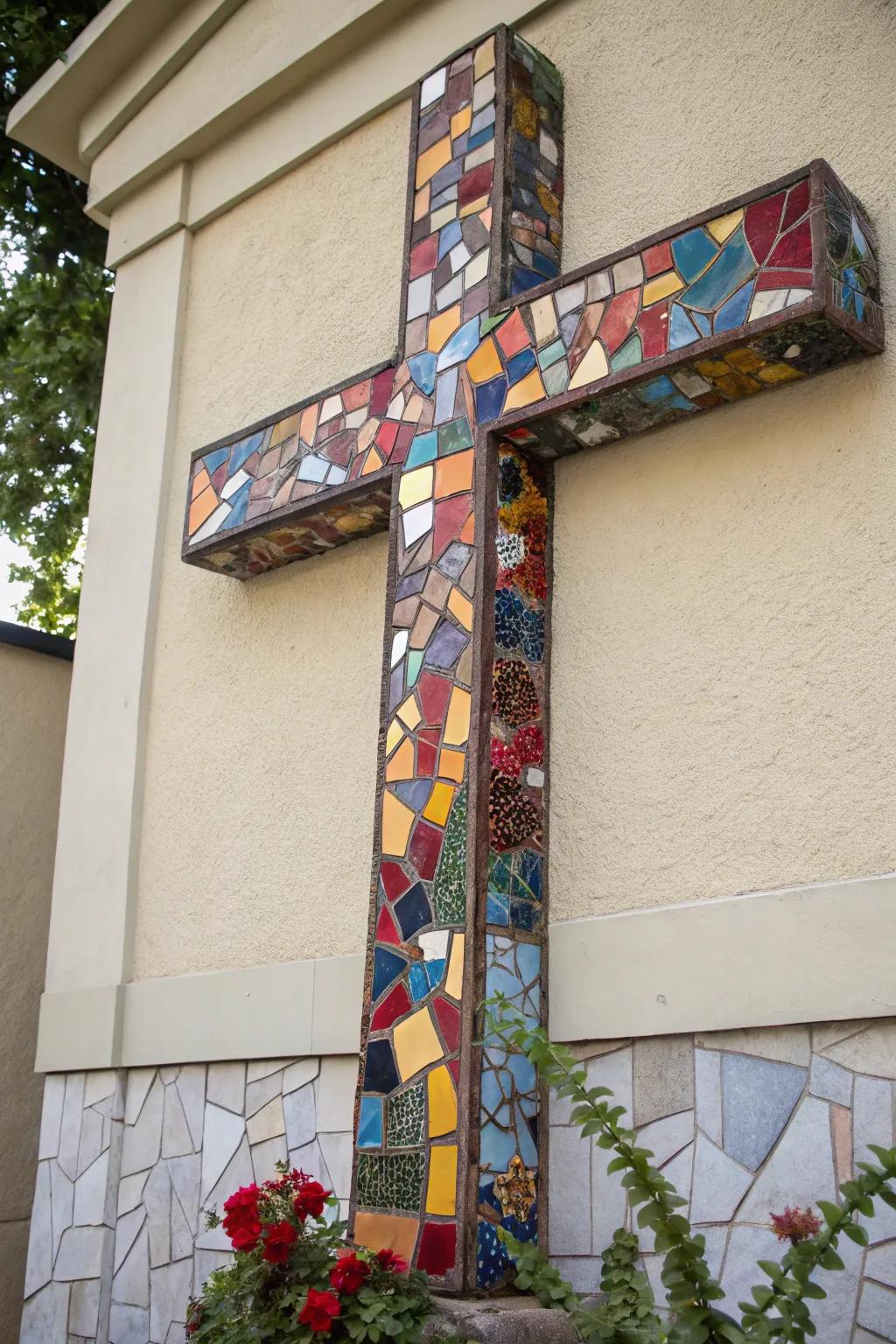Cross embellished with a chromatic square tessellation