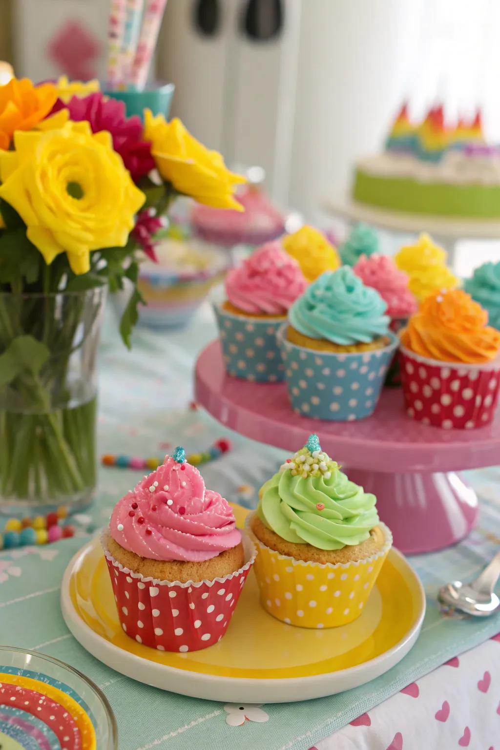 Cupcakes in bright colors that add a cheerful touch to any event.
