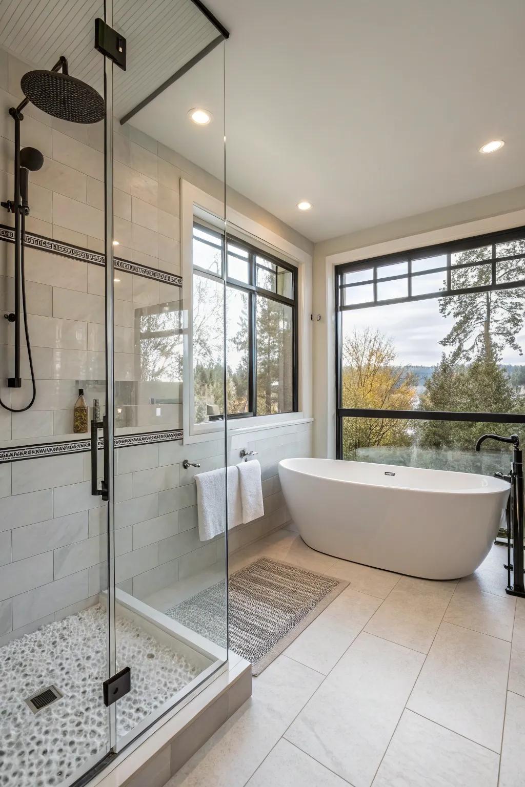A stand-alone tub complements the luxurious ambiance of this open shower.