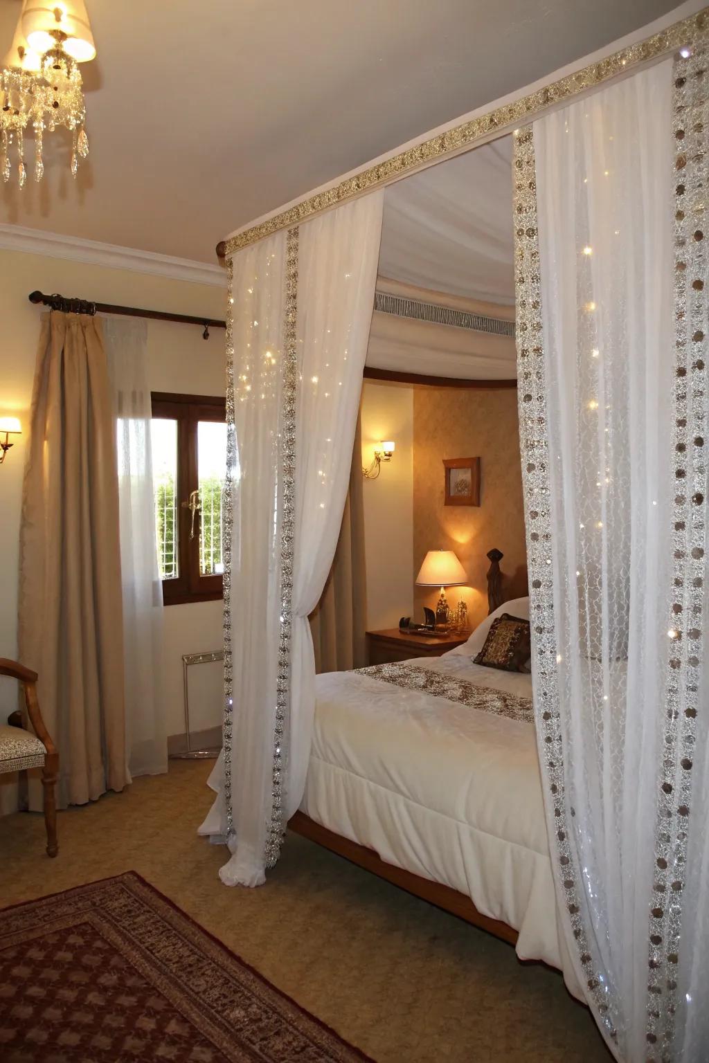 Bedroom drapes featuring elegant jewel embellishments.