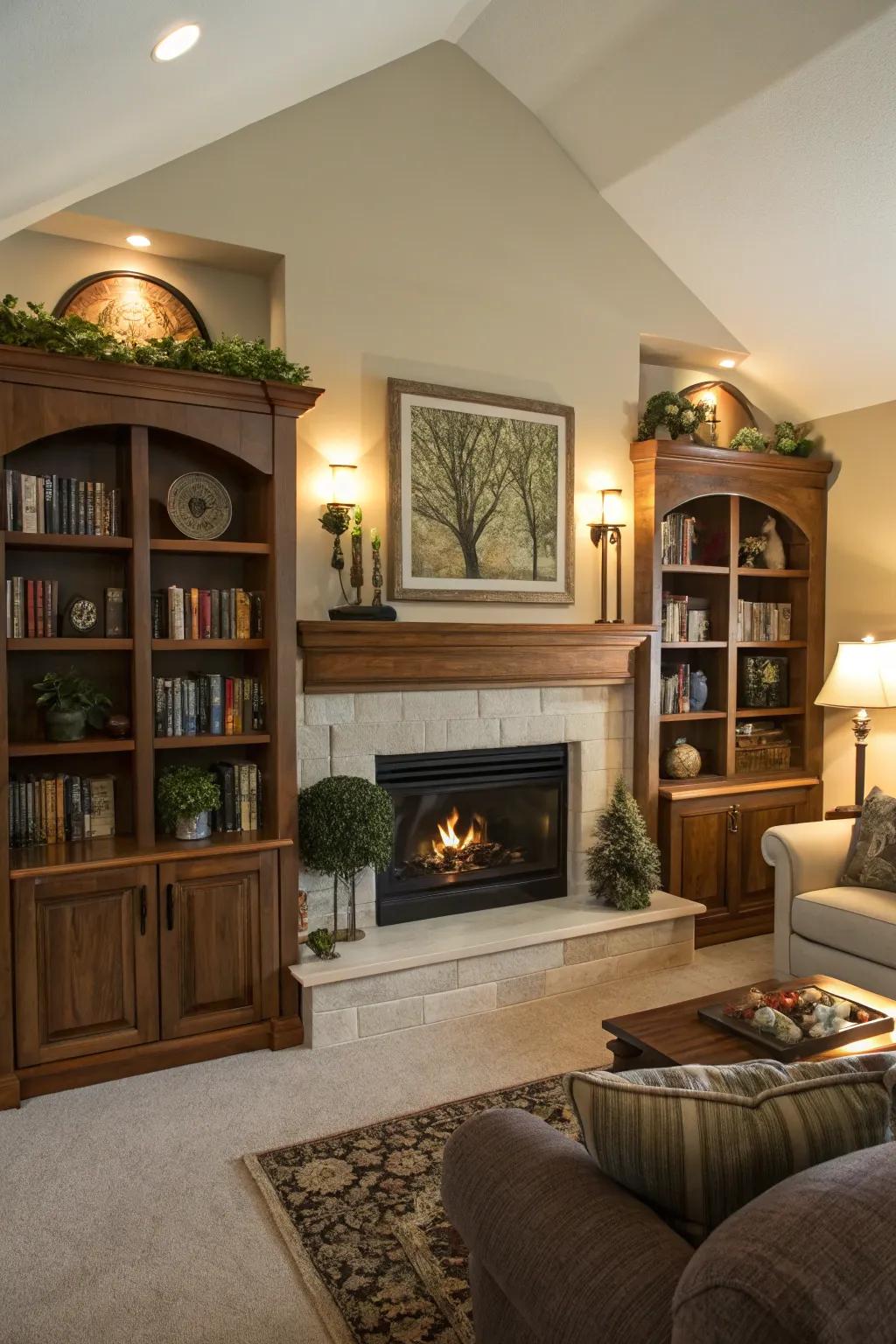 A fireplace with integrated shelving that adds both style and practicality.