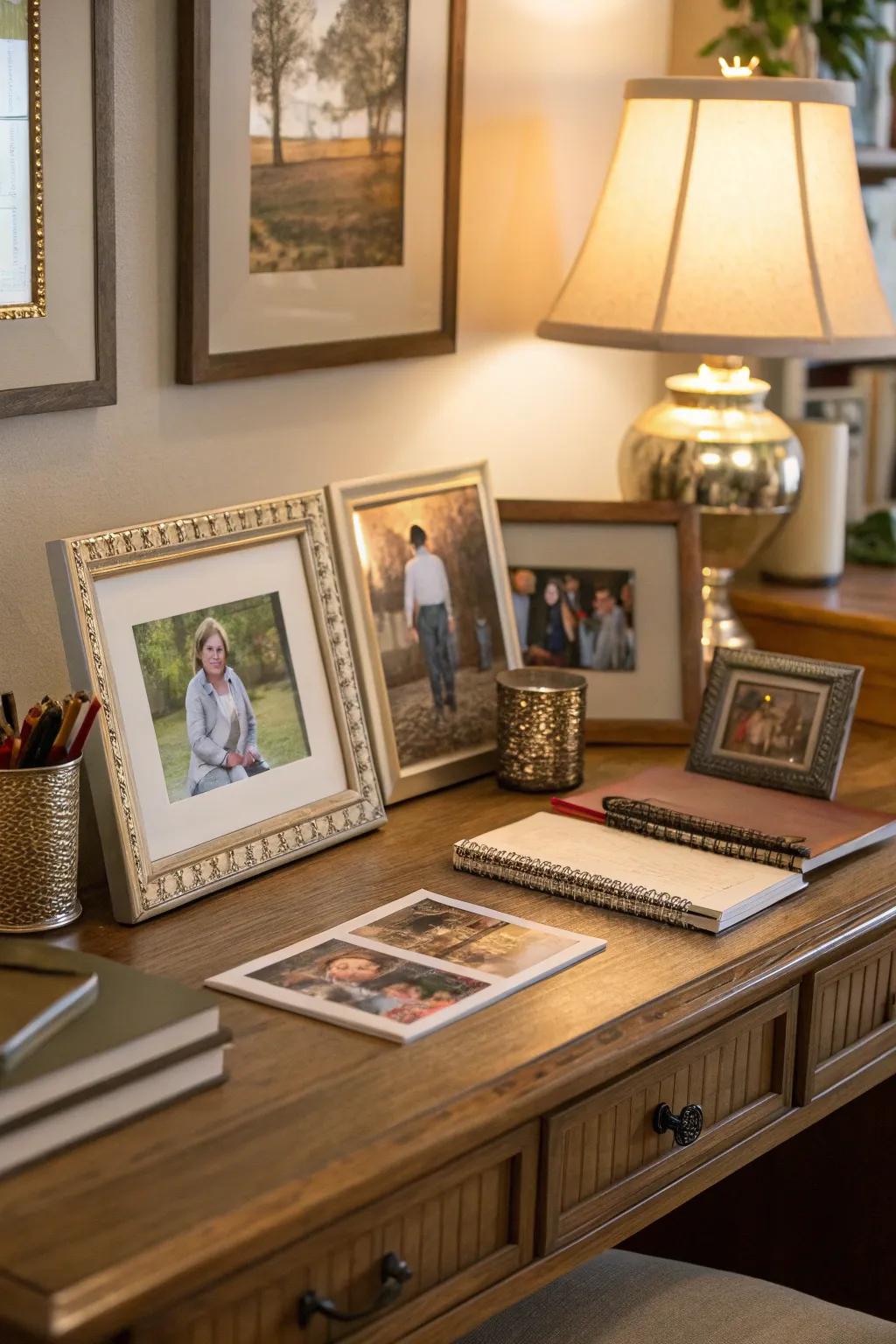 A desk featuring decorative photo frames displaying family photos.