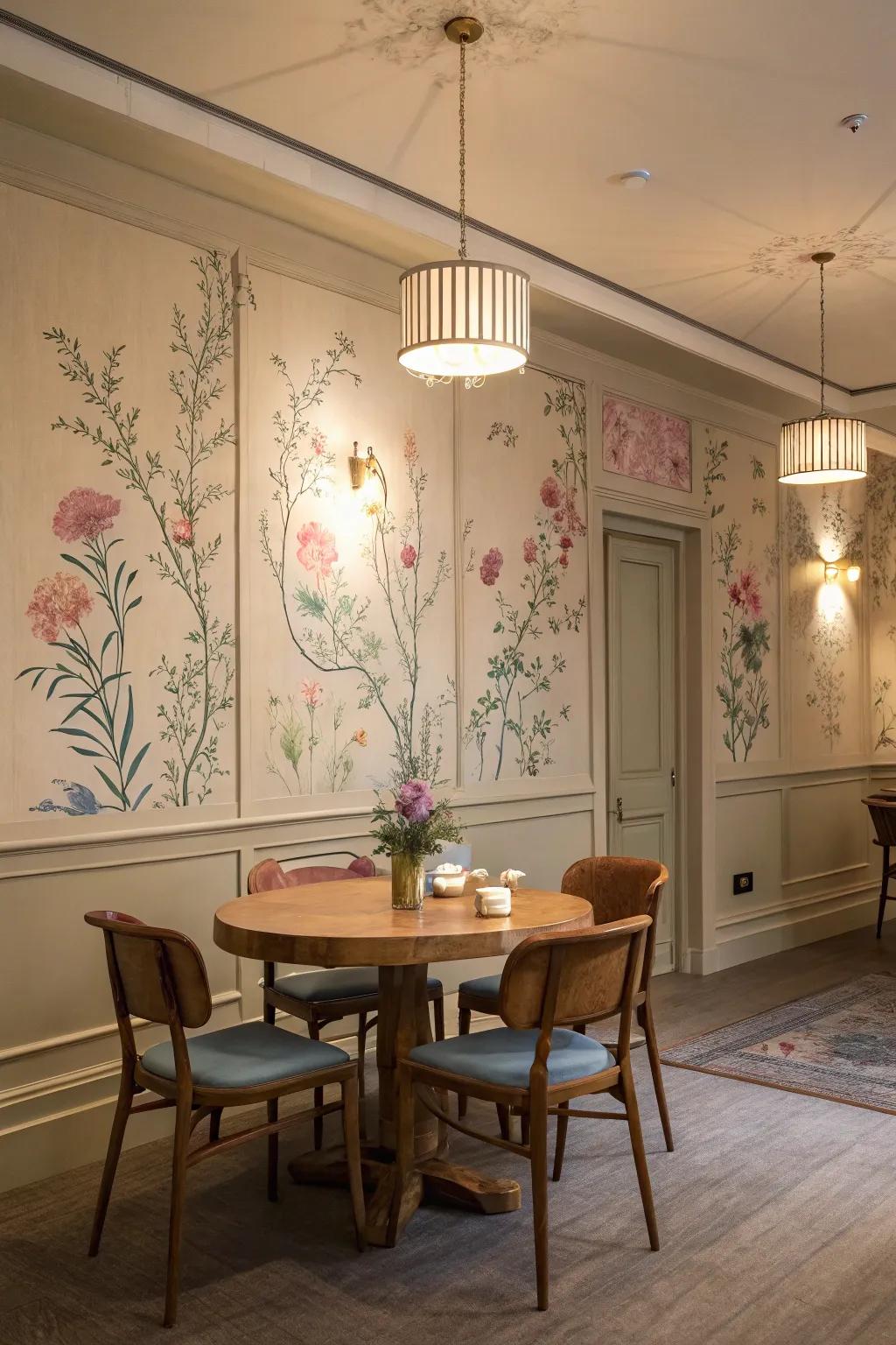 Delicate florals infuse a sense of serenity to the dining room.