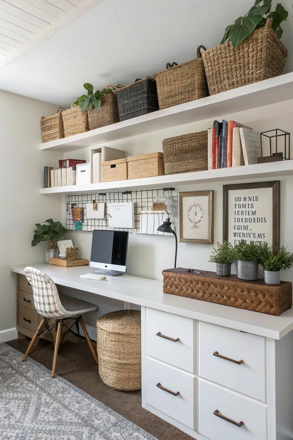 Stylish storage solutions in a home office, featuring baskets and floating shelves.