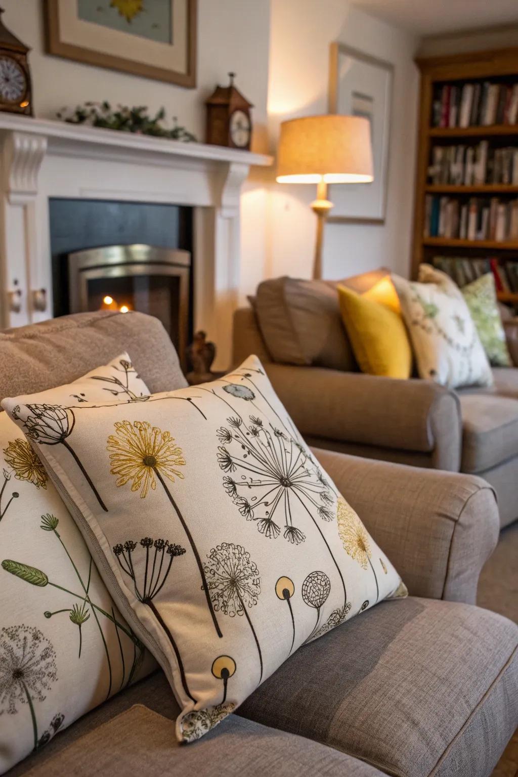 Whimsical dandelion cushions infuse any quarter with playfulness.
