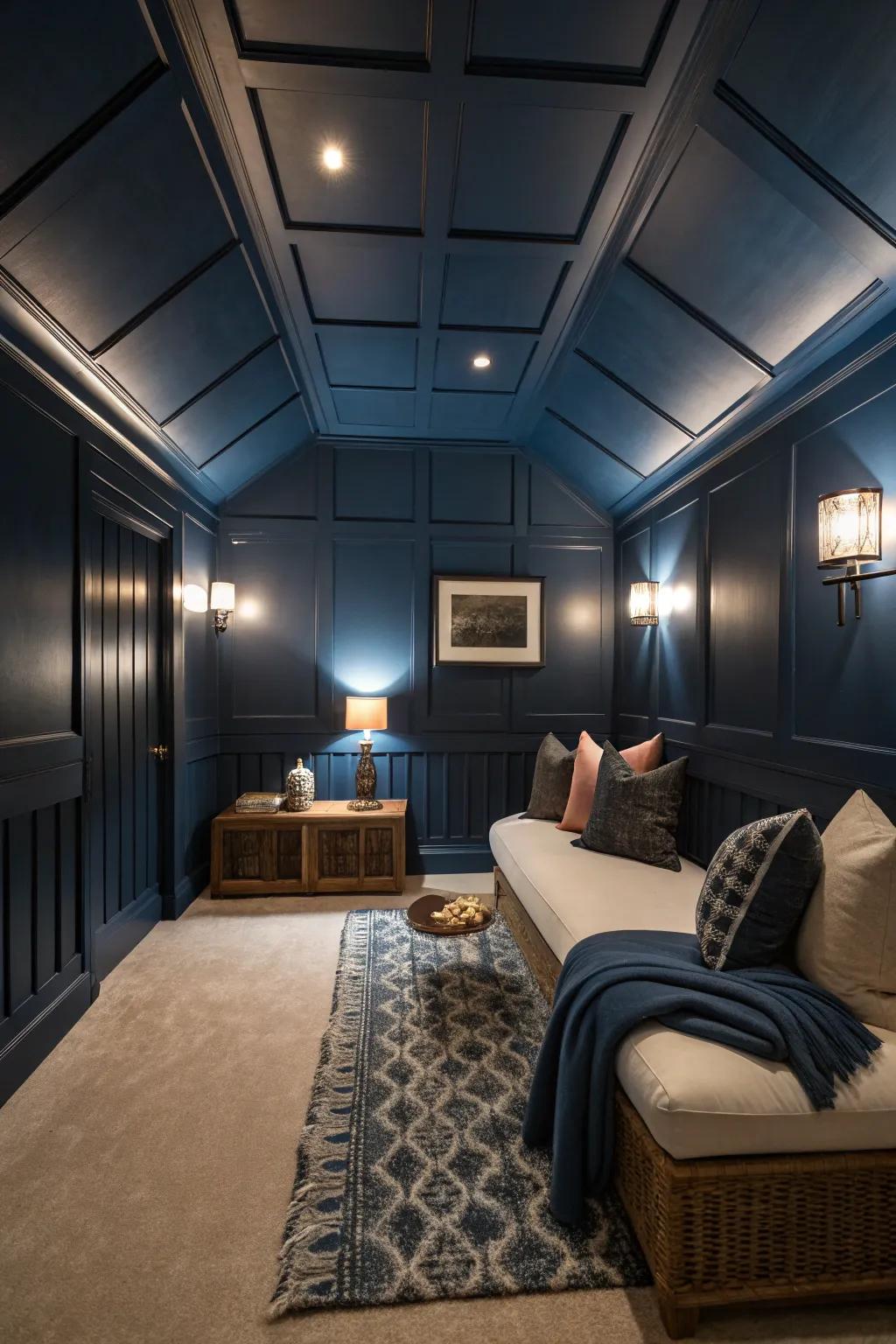 An audacious aesthetic featuring a unified deeply shaded cerulean overhead and dividers.