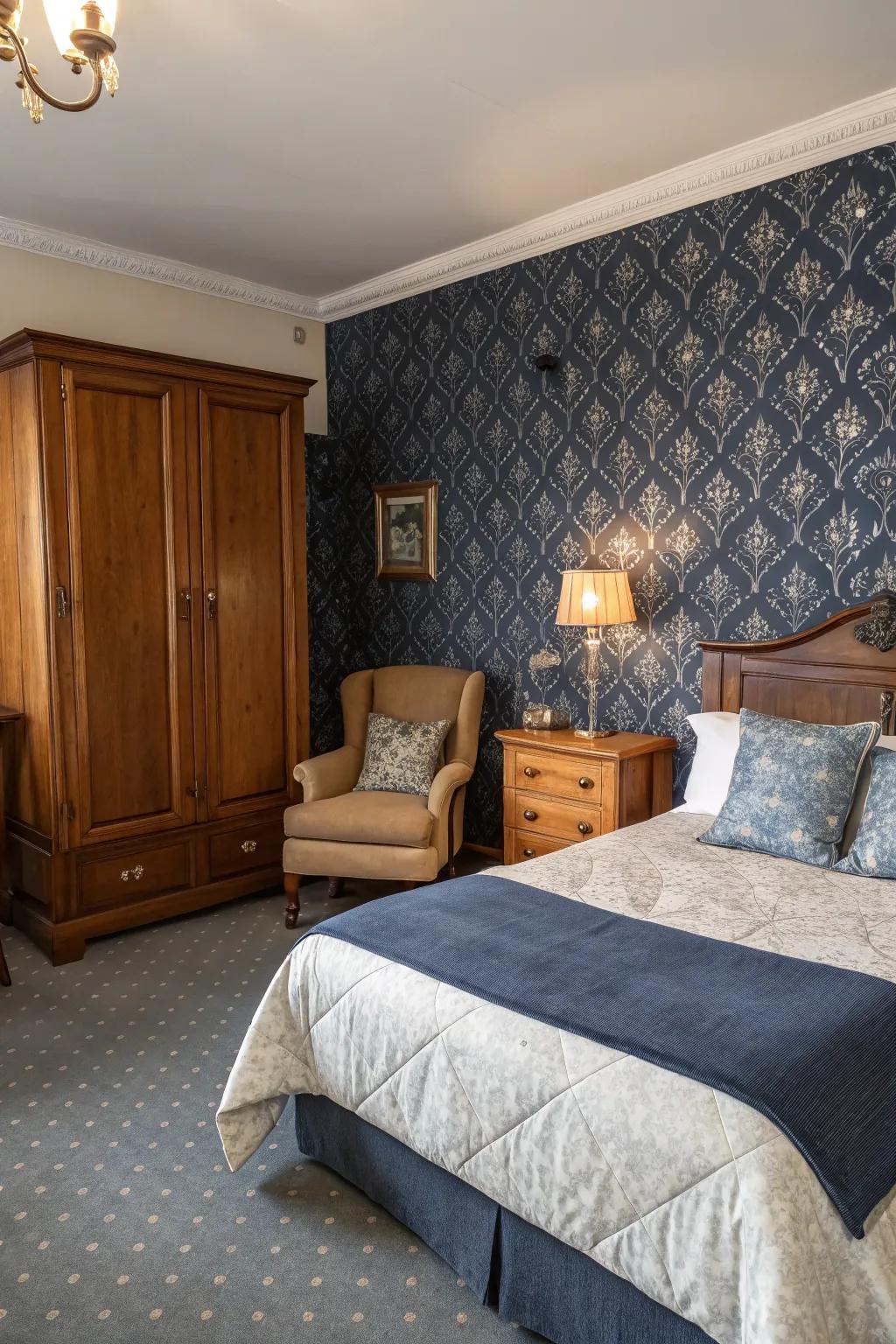 Create a nostalgic setting using classic deep indigo wall coverings.