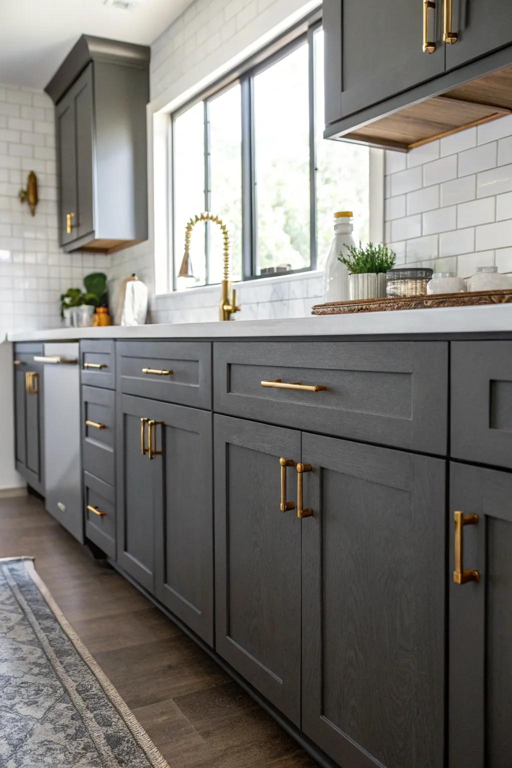 Deep charcoal cabinets elevated by luxurious bronze hardware.