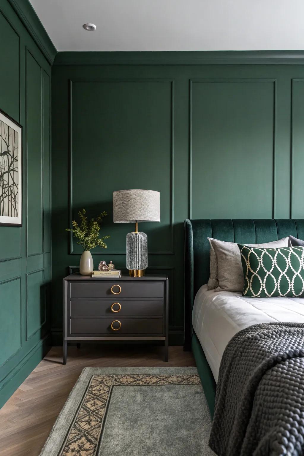 A sparse shadowy jade bedroom featuring select statement decorative articles.