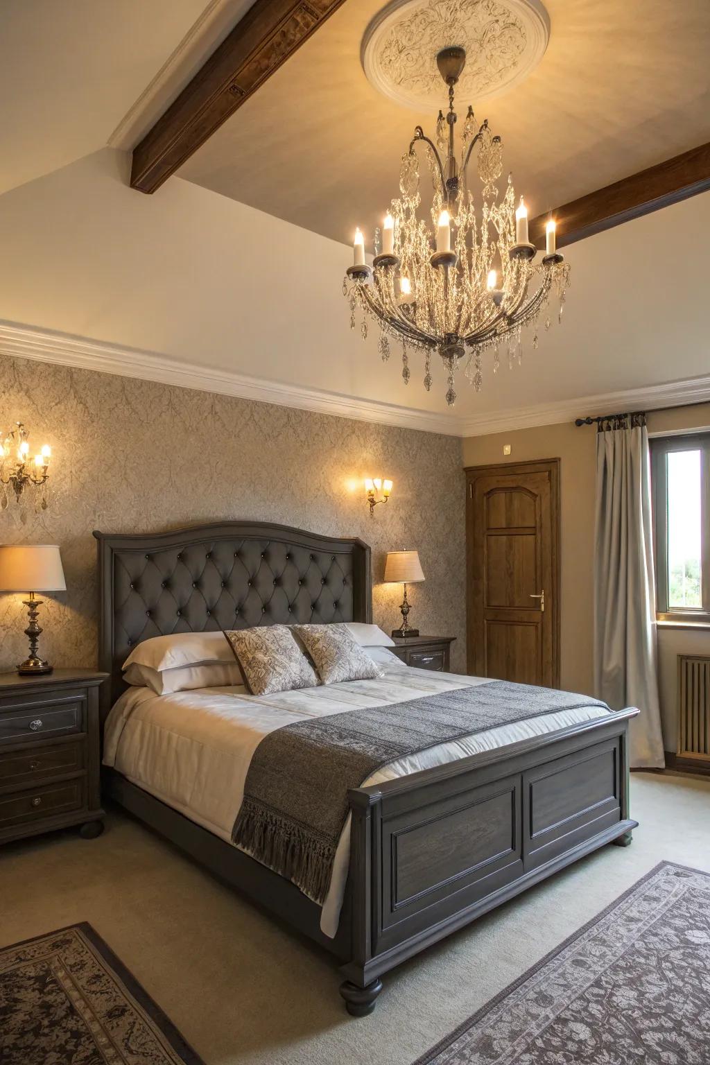 A bedroom showcasing a dark grey bed frame, accentuated by refined lighting.