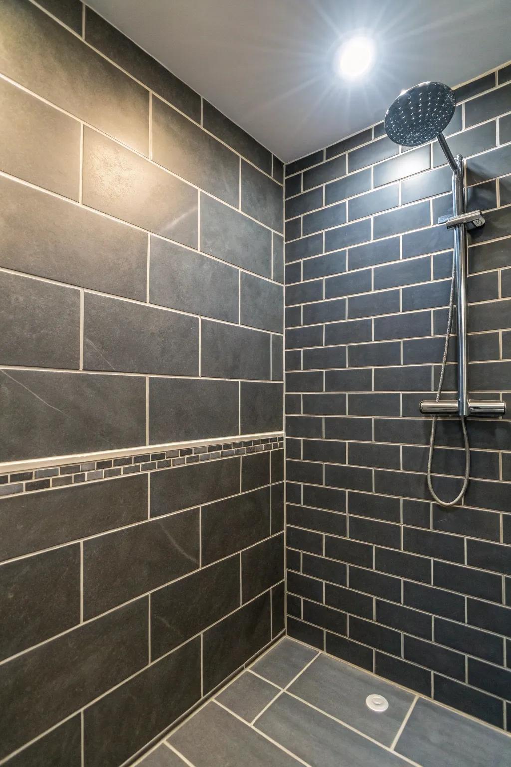 Pale grout emphasizes the elaborate designs of dark charcoal tiling.