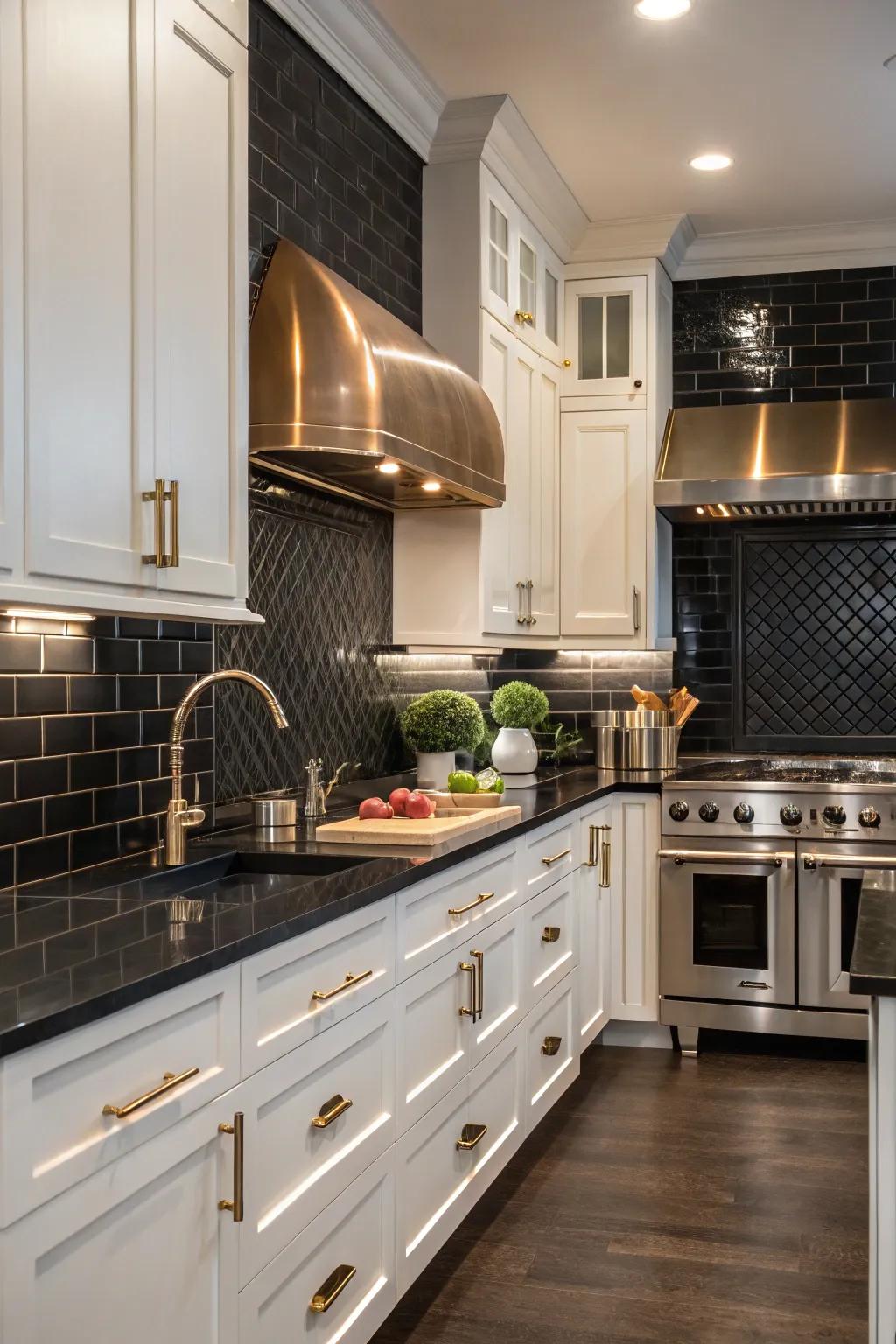 A kitchen design enhanced by a dark backsplash and shimmering precious metal accents.
