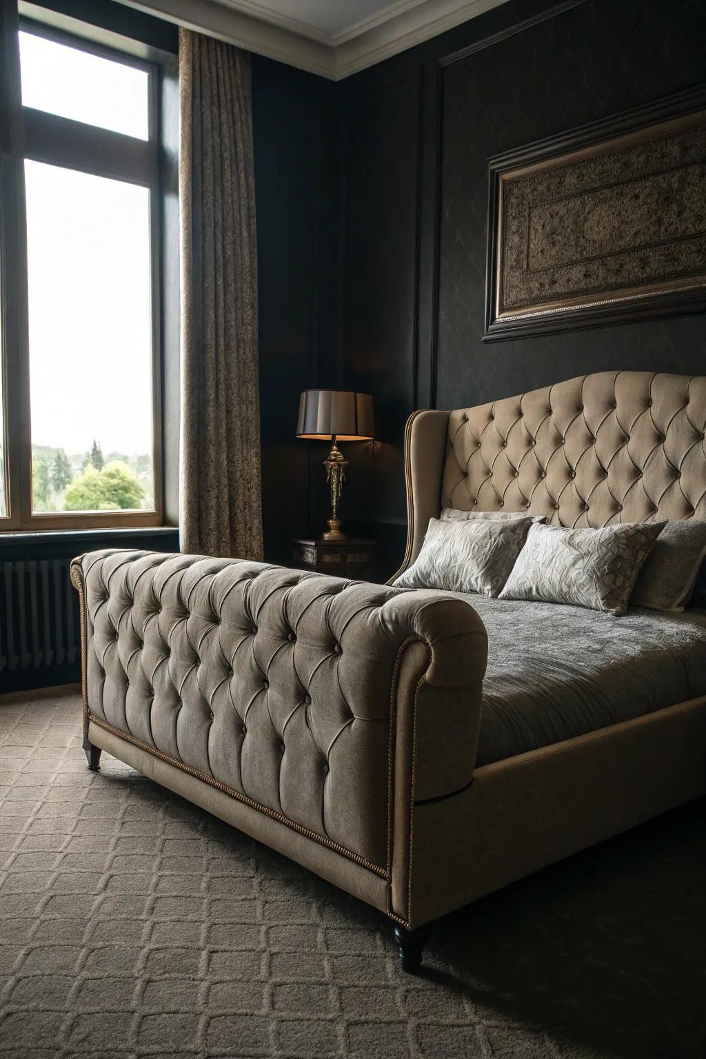 A room featuring a button-tufted sofa and a sophisticated bedframe.
