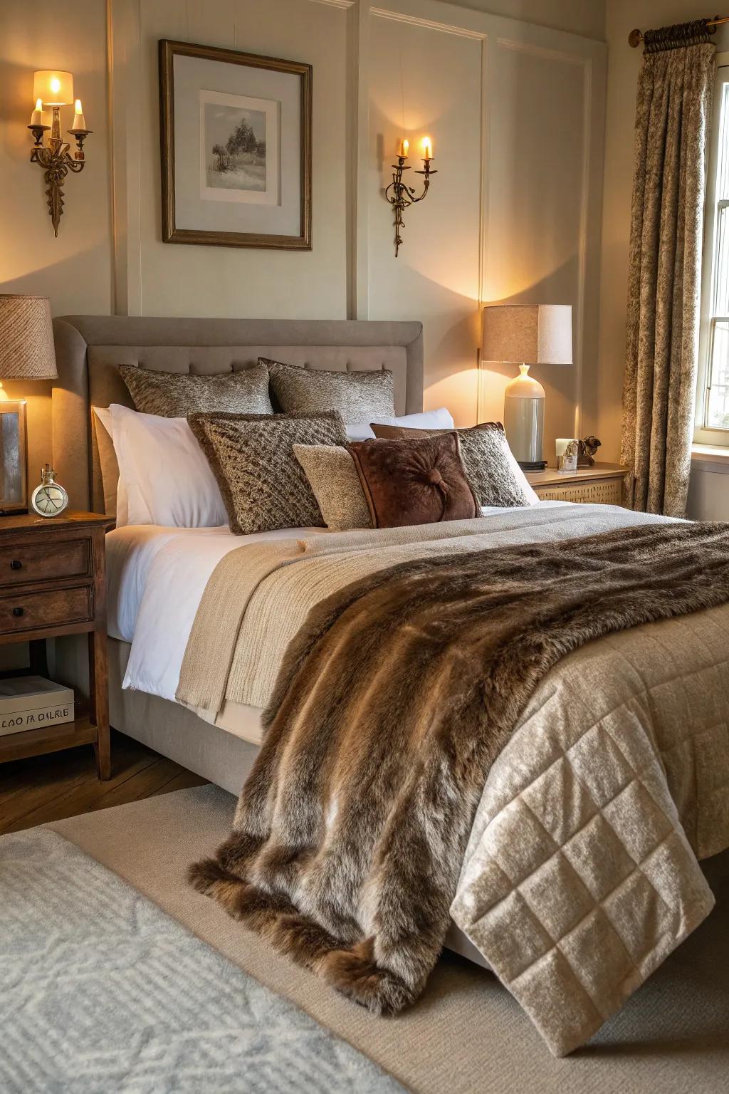 Layered fabrics like faux fur and silk create depth and invite comfort.